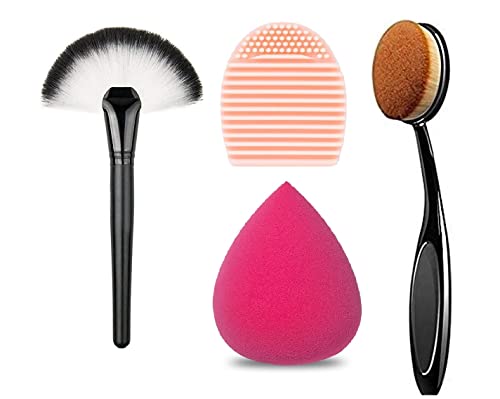 Aadav Pro Slim Fan Brush Makeup Brush – Oval Foundation Brush Set with Cleaner Scrubber & Beauty Blender (Multicolor) – Perfect for Liquid, Cream & Powder Makeup Application