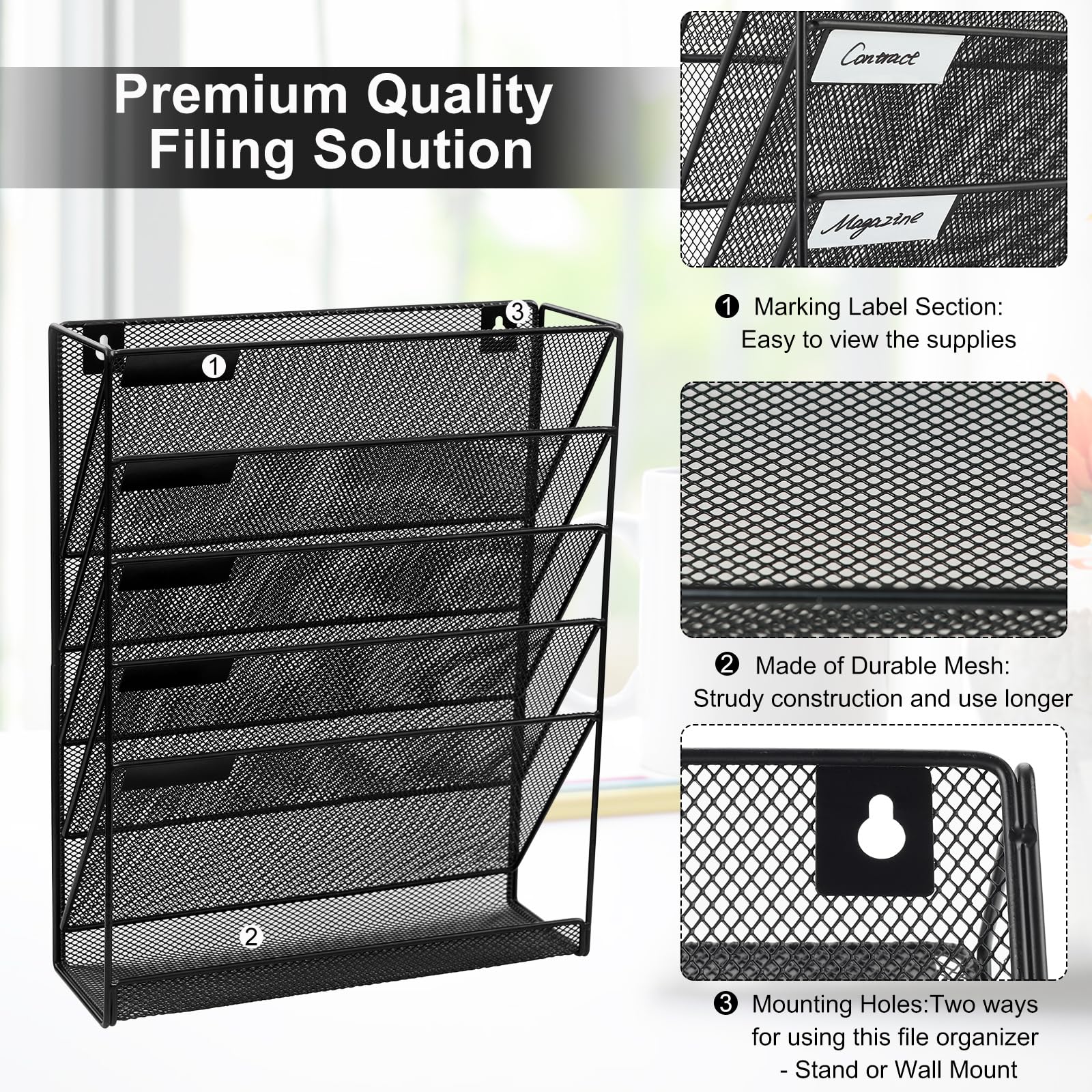 5-Tier Vertical Wall Mount File Organizer with Flat Tray - Hanging Document Holder for Office & Home Organization - Perfect for Bills, Mail & Paperwork Storage (Black)
