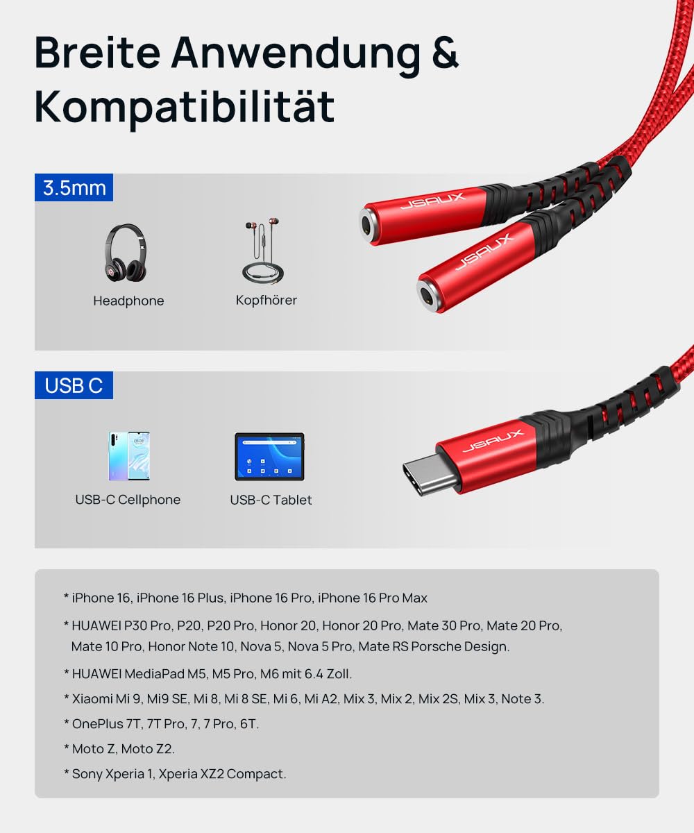 JSAUX USB C to 3.5mm Headphone Jack Splitter - Dual Aux Audio Adapter Cable for iPhone 16/15 Pro Max, Huawei P40, Samsung Galaxy S24/S23, Google Pixel - Red | Perfect for Music, Gaming & Conference Calls
