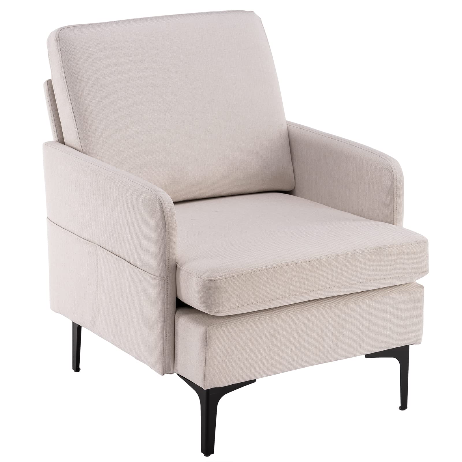 Mid-Century Modern Upholstered Accent Chair - Comfy Fabric Single Sofa with Black Metal Legs, Elegant Living Room Armchair for Reading & Lounging (Beige Linen) | Perfect for Small Spaces, Home Office, Bedroom or Apartment Decor