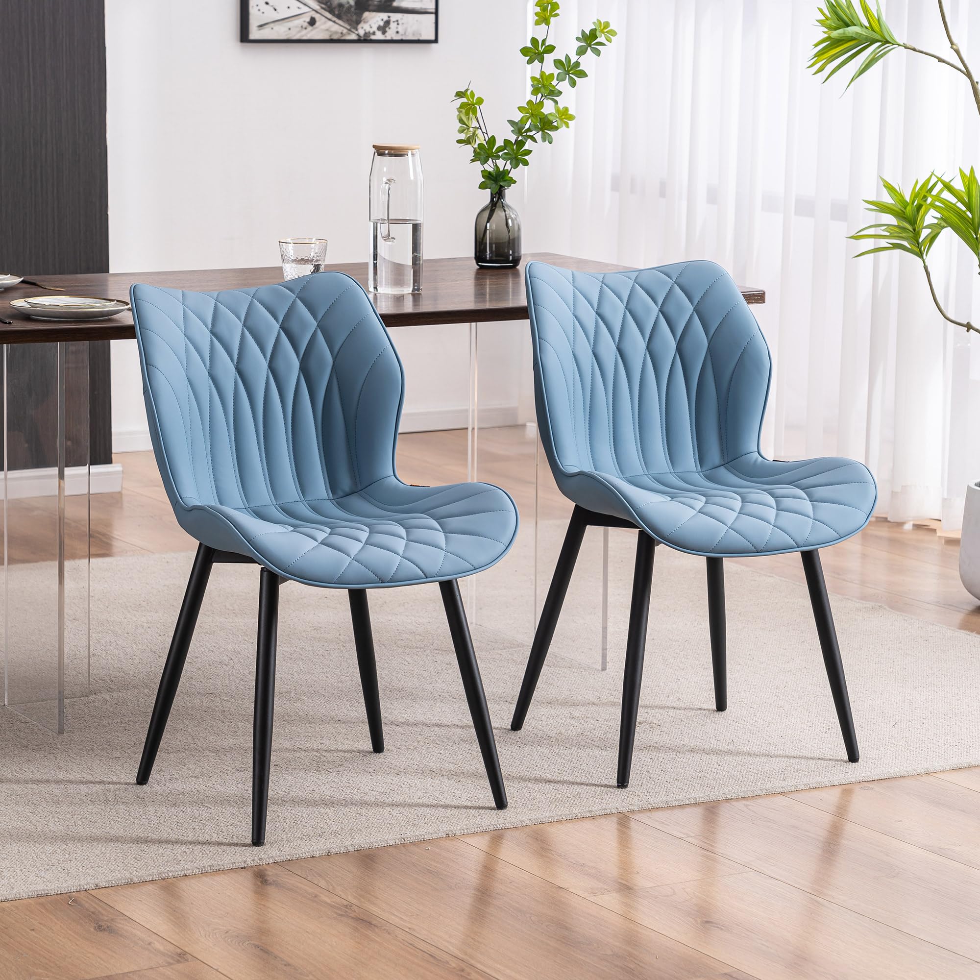 Kidol & Shellder Modern Dining Chairs Set of 2 - PU Leather Upholstered Kitchen Side Chairs with Thick Cushions & Sturdy Metal Legs in Blue - Perfect for Dining Room, Kitchen Island, and Breakfast Nook