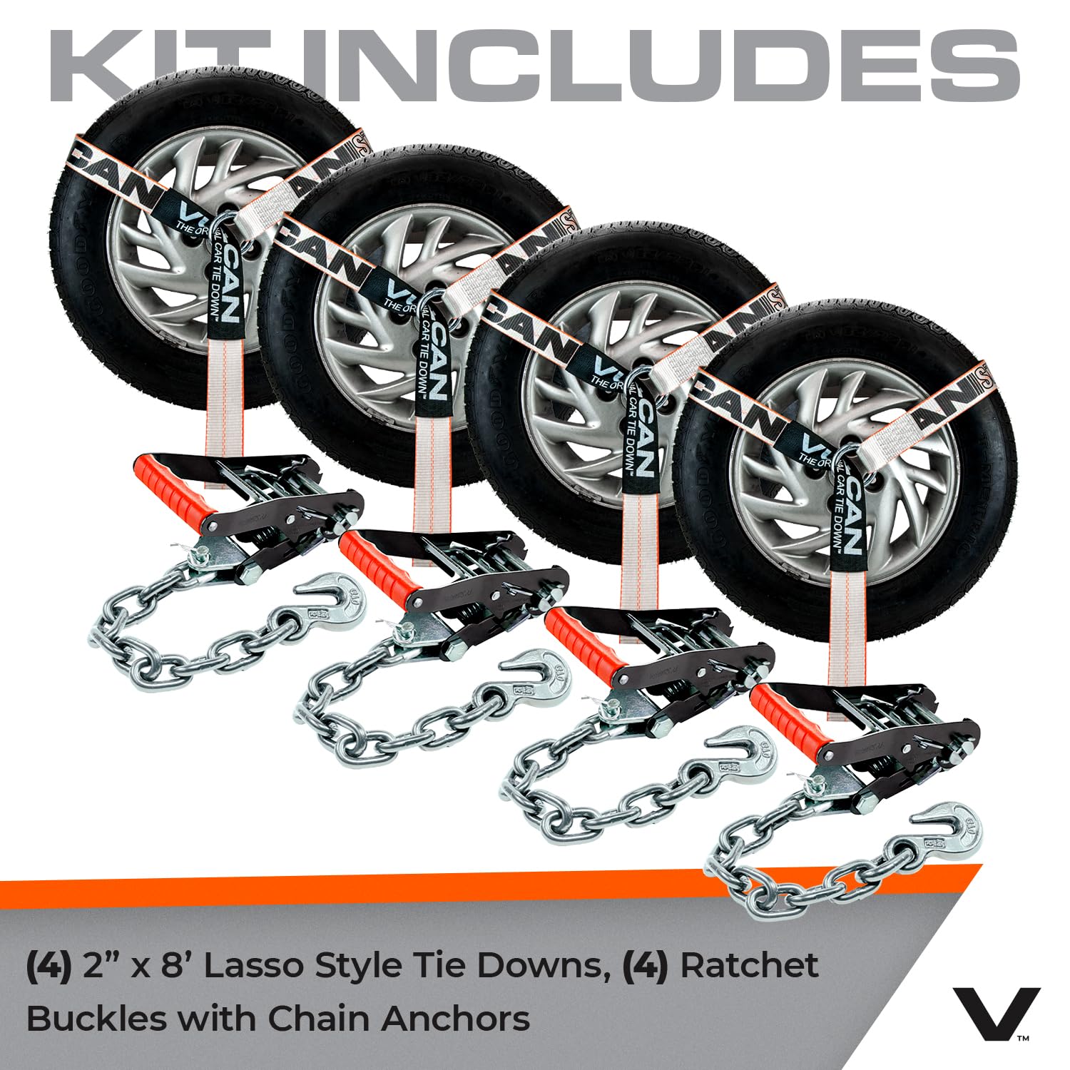 VULCAN Heavy Duty Car Tie Down Straps with Chain Anchors - 2