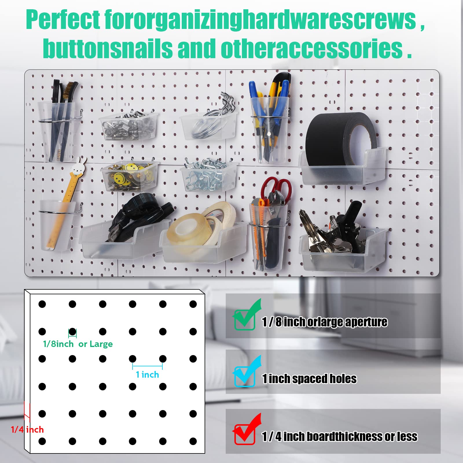 Roowest 60 Pcs Clear Pegboard Organizer Set with Hooks & Bins - Wall Mount Storage Solution for Office, Garage, Craft Room & Workshop Accessories Organization