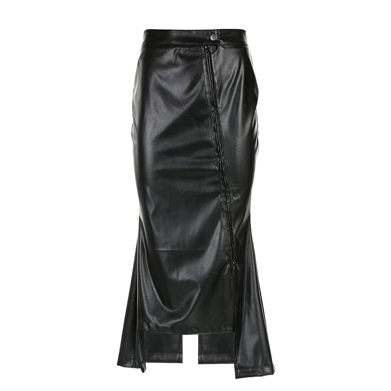 Elegant Black Leather Skirt for Women - Asymmetrical Fold Design with Side Zipper & High Slit, Sexy Long Skirt for Clubwear, Party & Night Out Fashion | Perfect for Evening Events, Date Nights & VIP Parties