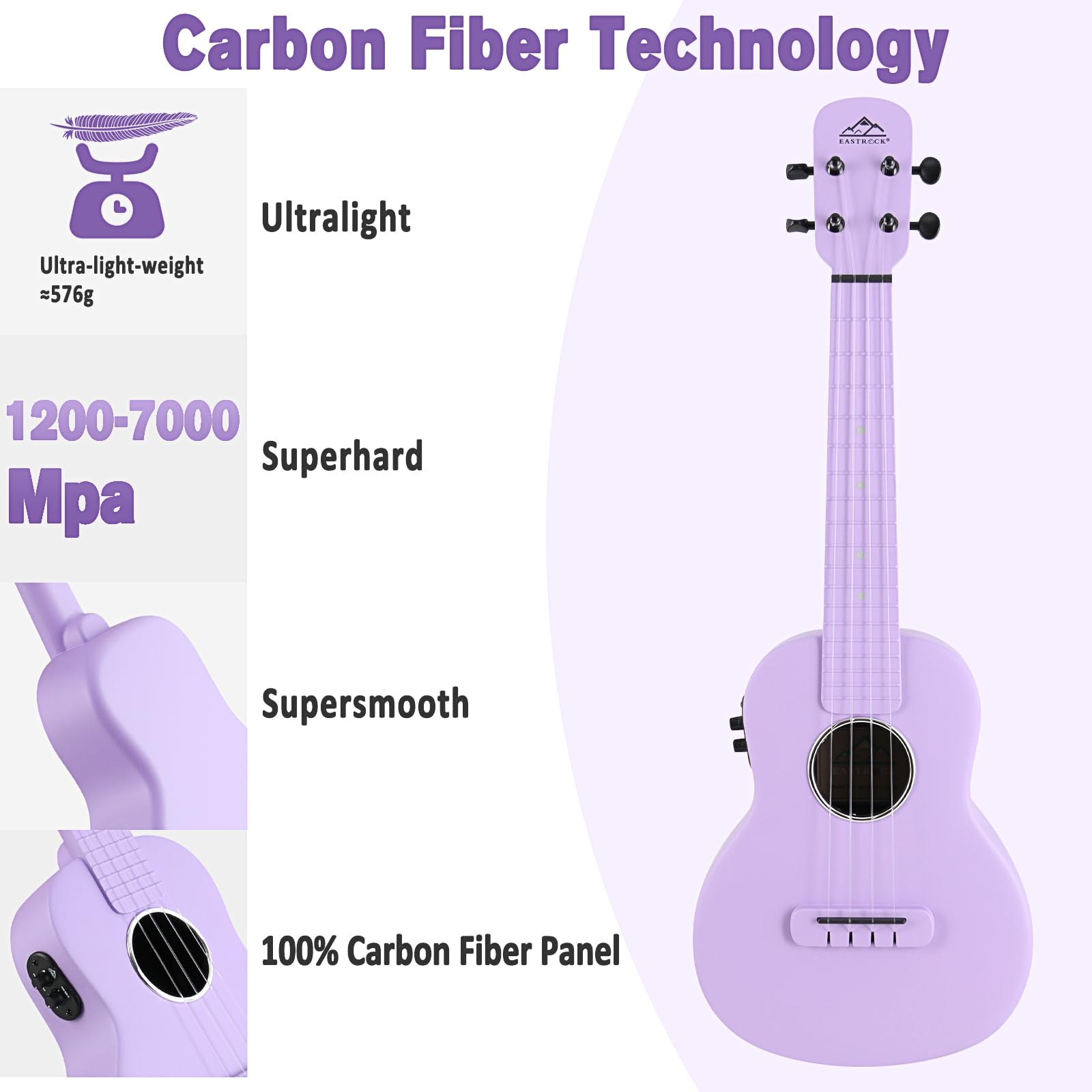 EASTROCK 23 Inch Carbon Fiber Electric Concert Ukulele Kit - Professional Ukelele for Kids, Students & Adults with Case, Strap, Capo & Strings (Purple) | Perfect for Beginners, Live Performances & Home Practice