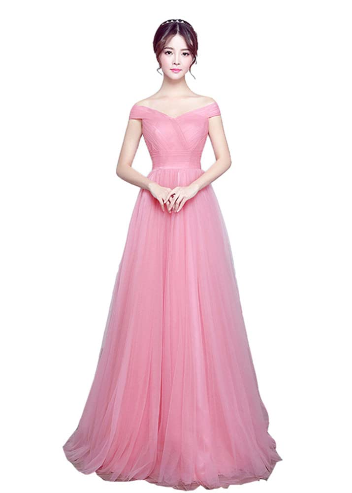 Elegant Off-the-Shoulder Pink Tulle Wedding Dress for Women - A-Line Formal Ball Gown for Bridal, Prom, and Special Occasions