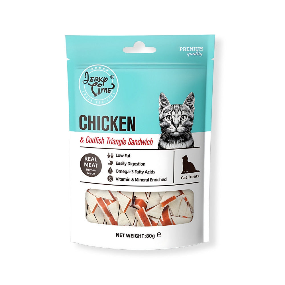 Premium Jerky Time Cat Treats 80g - Chicken & Codfish Duck Strips, Bites & Sushi Snacks - All-Natural Preserved Cat Food for Training & Rewards - Perfect for Playtime & Bonding Moments