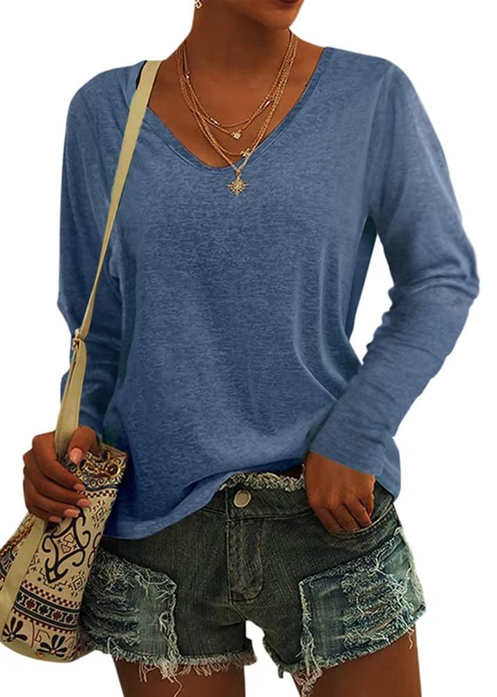 Women's V-Neck Long Sleeve T-Shirt - Solid Color Casual Tunic Top - Loose Fit Pullover Shirt for Everyday Wear, Work & Layering