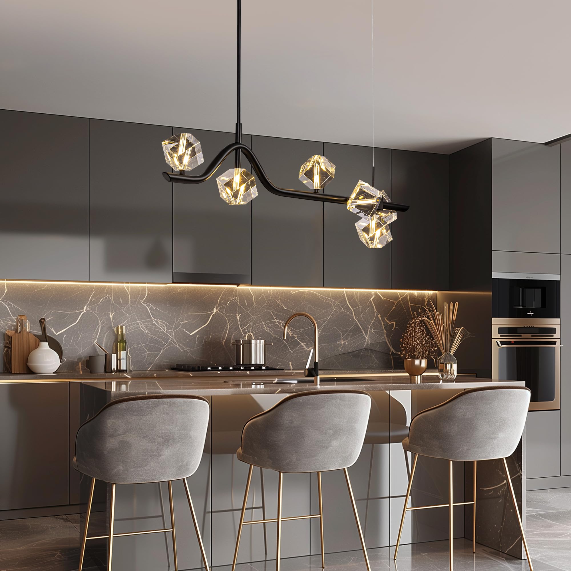 Modern 6-Light Black Crystal Chandelier for Dining Room, Living Room & Kitchen Lighting, Elegant Ceiling Light Fixture Over Table, Perfect for Home Decor and Ambient Illumination