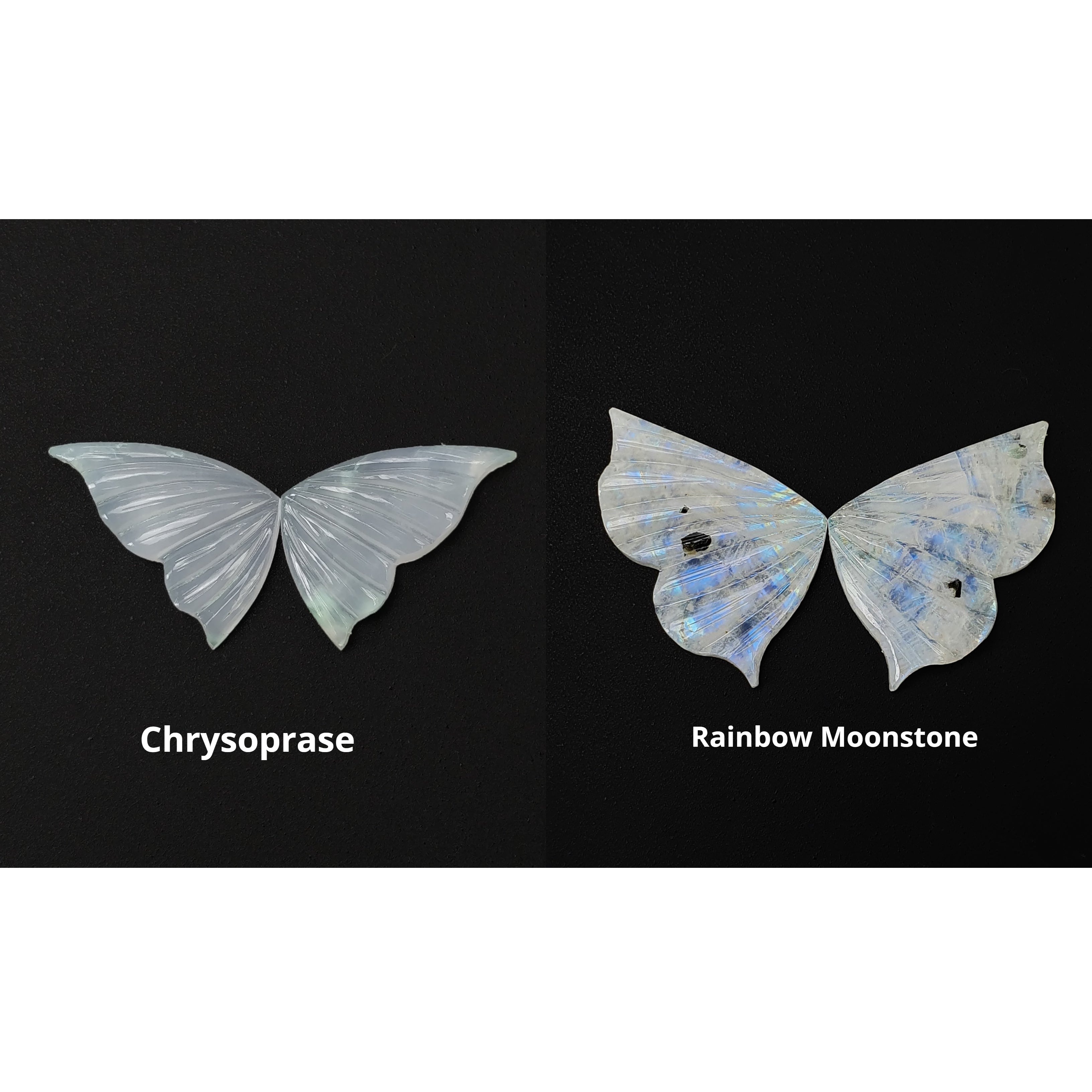 Natural Green Chrysoprase & Rainbow Moonstone Hand-Carved Butterfly Gemstone Pair - Unheated Untreated Healing Crystals for Meditation, Jewelry Making & Spiritual Gifts