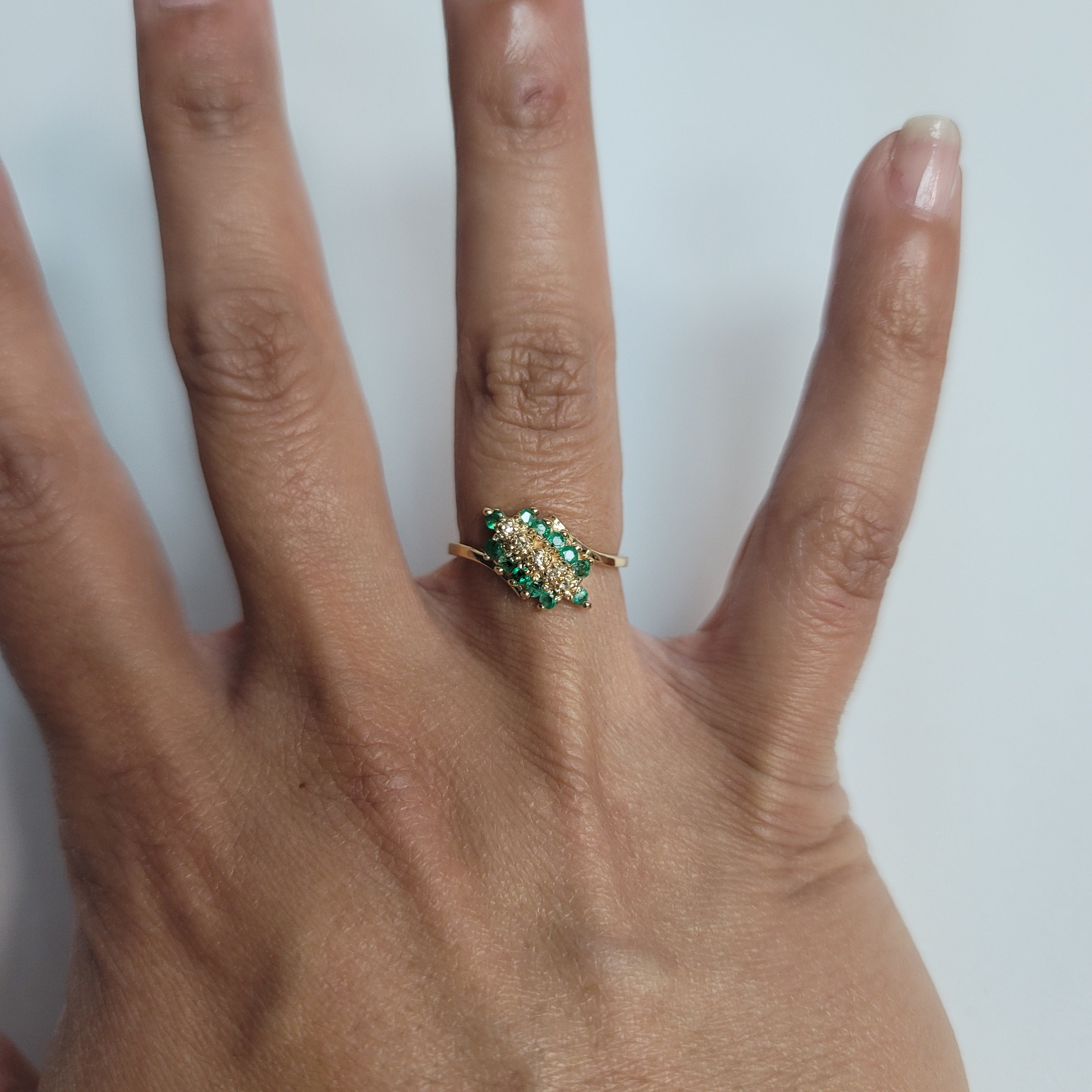 Emerald & Diamond Diagonal Row Ring .50cttw 14k Yellow Gold - Elegant Jewelry for Weddings, Anniversaries & Special Occasions