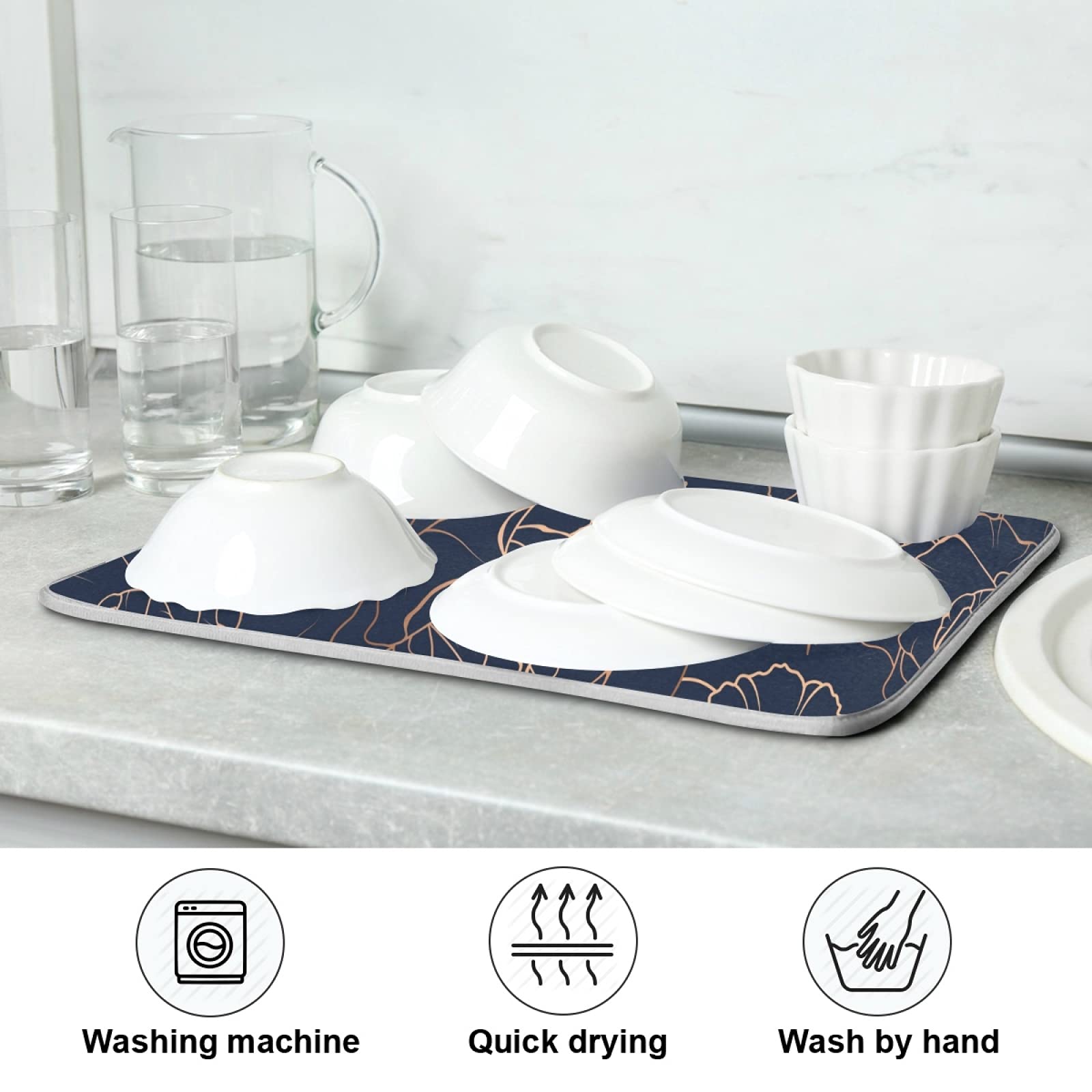 Premium Microfiber Dish Drying Mat 18x16 Inch - Absorbent Kitchen Counter Mat with Floral Design (Golden Rose/Peony/Daffodil) - Non-Slip Drying Pad for Dishes, Utensils & Cookware - Perfect for Kitchen Sink, Countertop & Dining Table Use
