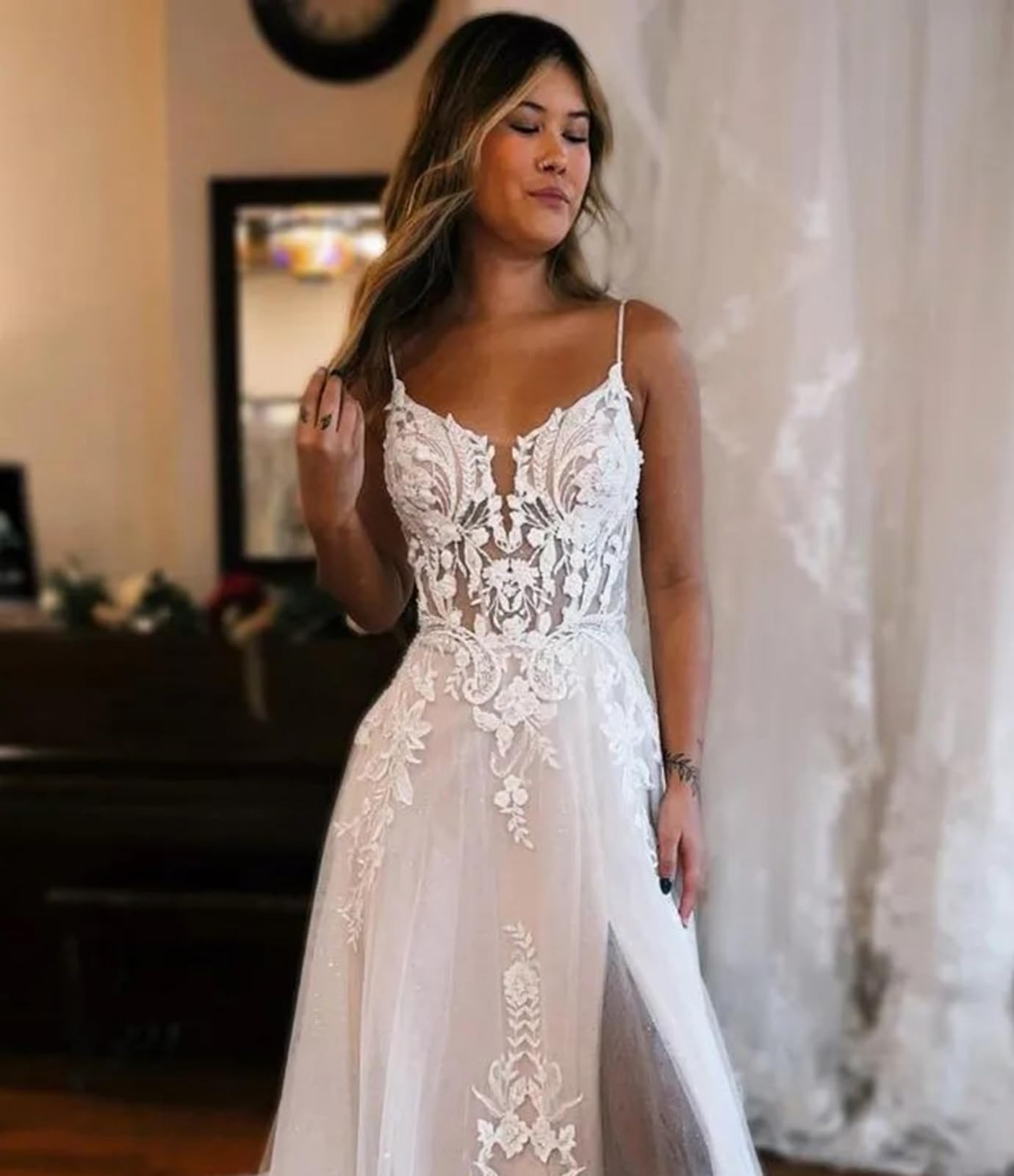 OFEECHUN Women's Lace Applique Beach Wedding Dress - Elegant V-Neck Tulle Bridal Gown with Thigh Slit for Bride | Perfect for Beach Weddings, Destination Elopements & Romantic Photoshoots