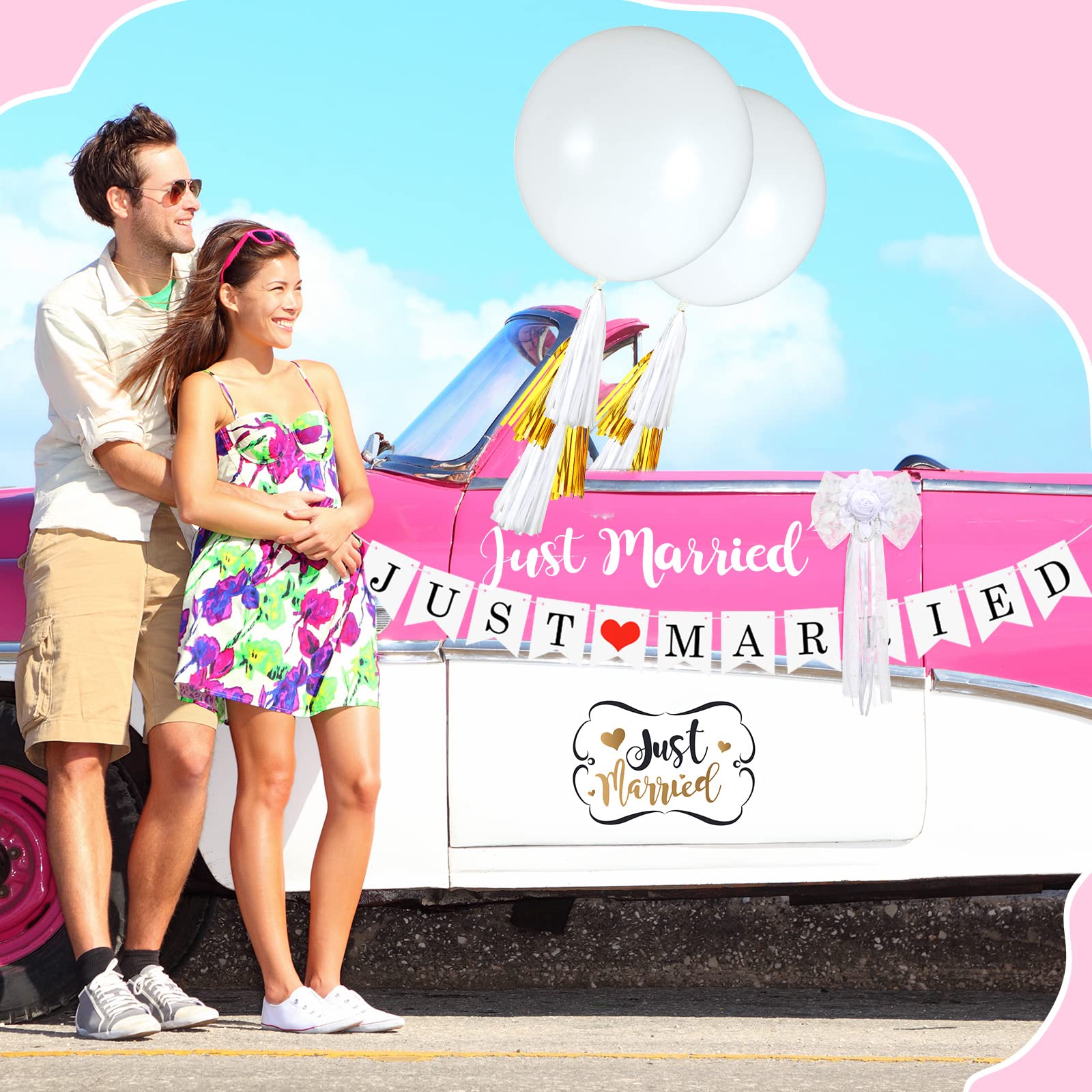 9 Pcs Just Married Car Decorations Set - Magnetic Wedding Car Signs, Banners, Decals & Silk Ribbon Flowers with Pearl Buds - Perfect for Bridal Sendoff, Wedding Procession & Honeymoon Getaway