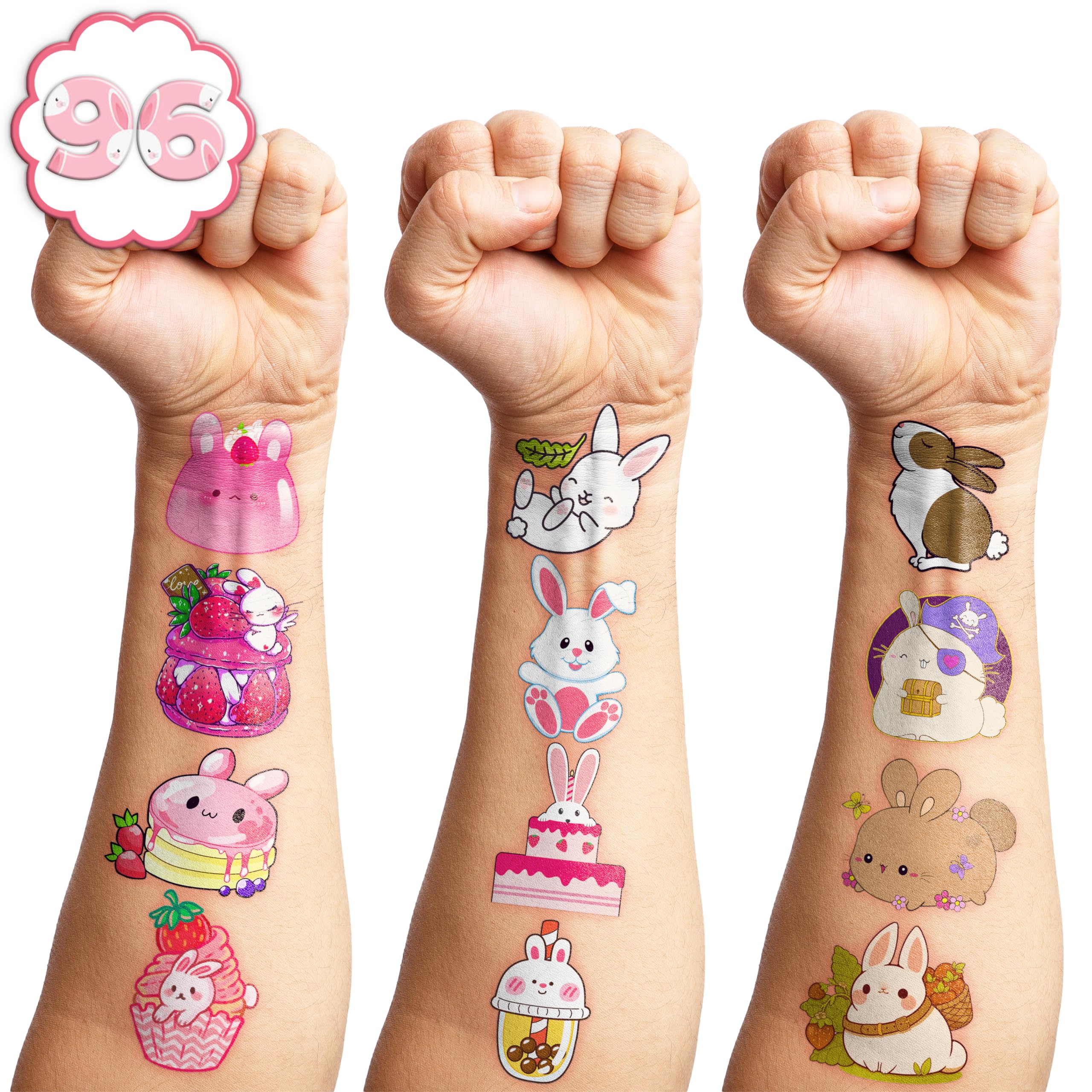 96PCS Bunny Tattoo Stickers - Cute Animal Temporary Tattoos for Kids Birthday Party Favors, Classroom Rewards & School Prizes - Perfect for Easter, Baby Showers & Kids Party Decorations