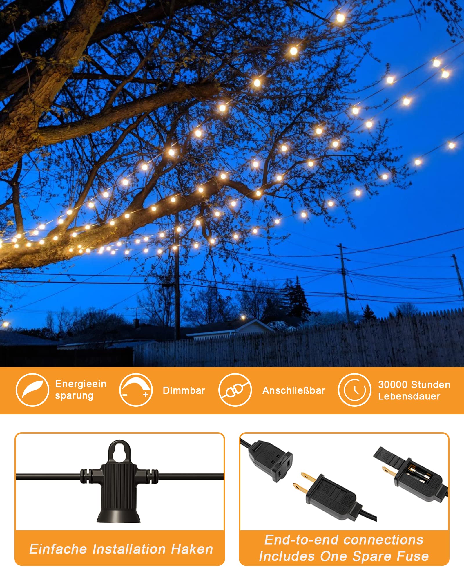 240FT Waterproof Outdoor String Lights - 124 Shatterproof G40 Globe Bulbs (4 Spare Included) - Connectable Dimmable LED Hanging Lights for Backyard, Porch, Balcony & Patio - Perfect for Garden Parties, Weddings & Outdoor Dining