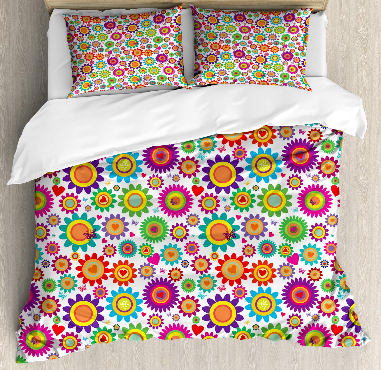 Ambesonne Easter Duvet Cover Set - King Size 3-Piece Bedding with 2 Pillow Shams, Colorful Chamomile & Hearts Nature Theme in Lime Green & Orange - Perfect for Spring Decor, Easter Bedroom Makeover & Nature-Inspired Home Styling