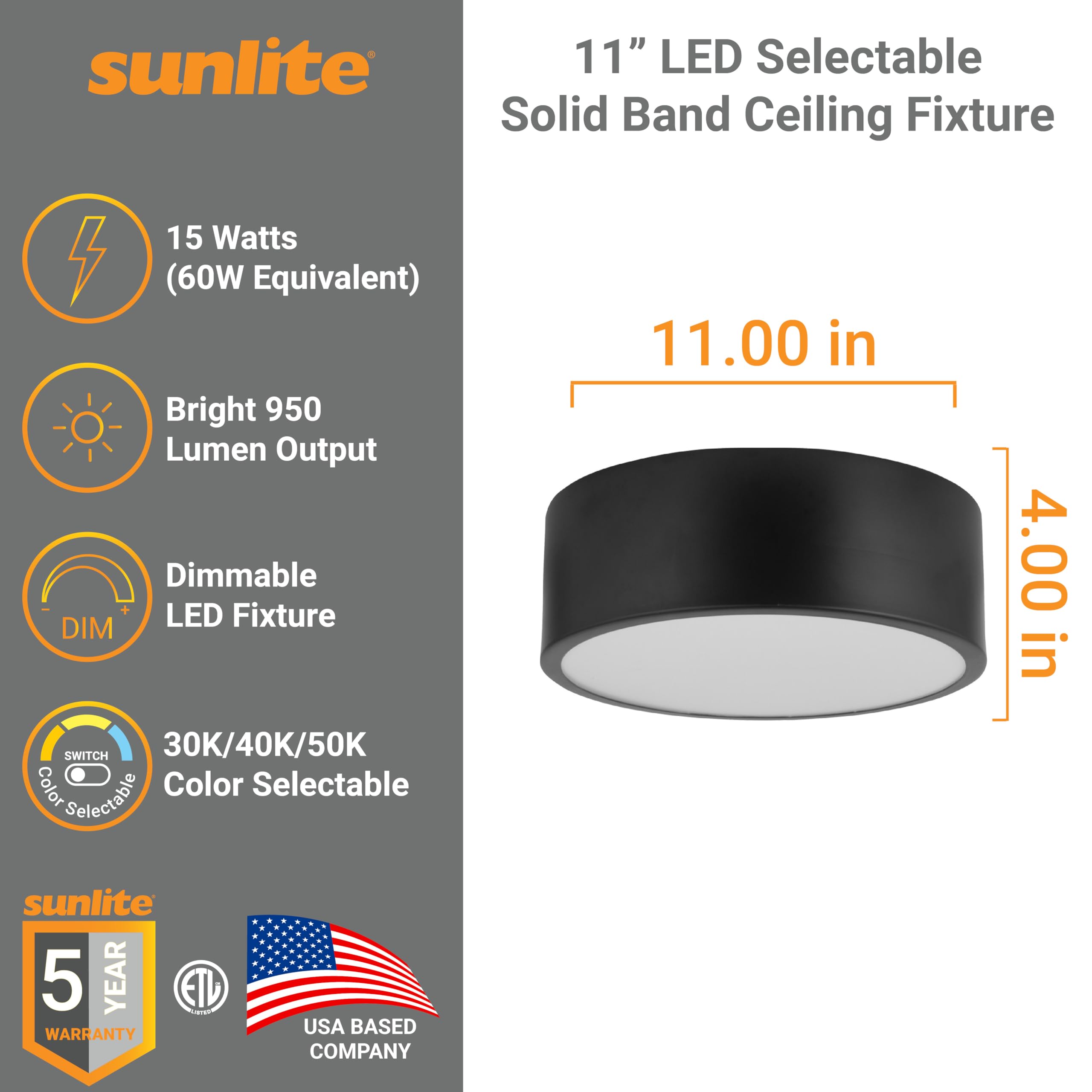 Sunlite 81377 11-Inch LED Ceiling Light Fixture - 15W (60W Equivalent), 950 Lumens, Adjustable Color Temperature (3000K/4000K/5000K), 80 CRI, Dimmable, ETL Certified - Perfect for Bedrooms, Kitchens & Office Lighting