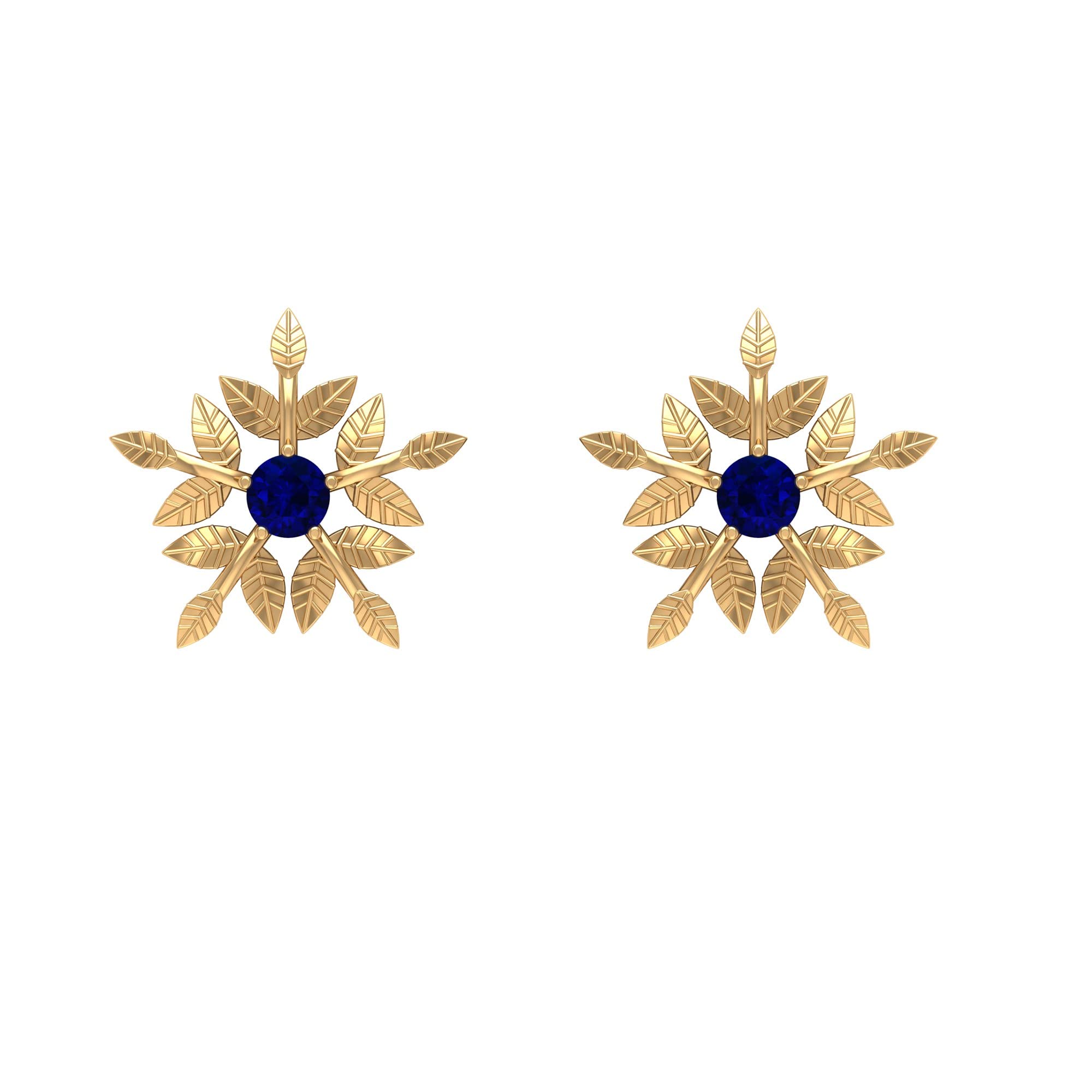 14K Solid Gold Blue Sapphire Floral Stud Earrings for Women - Elegant Engraved Flower Design, Perfect for Weddings, Parties & Everyday Wear