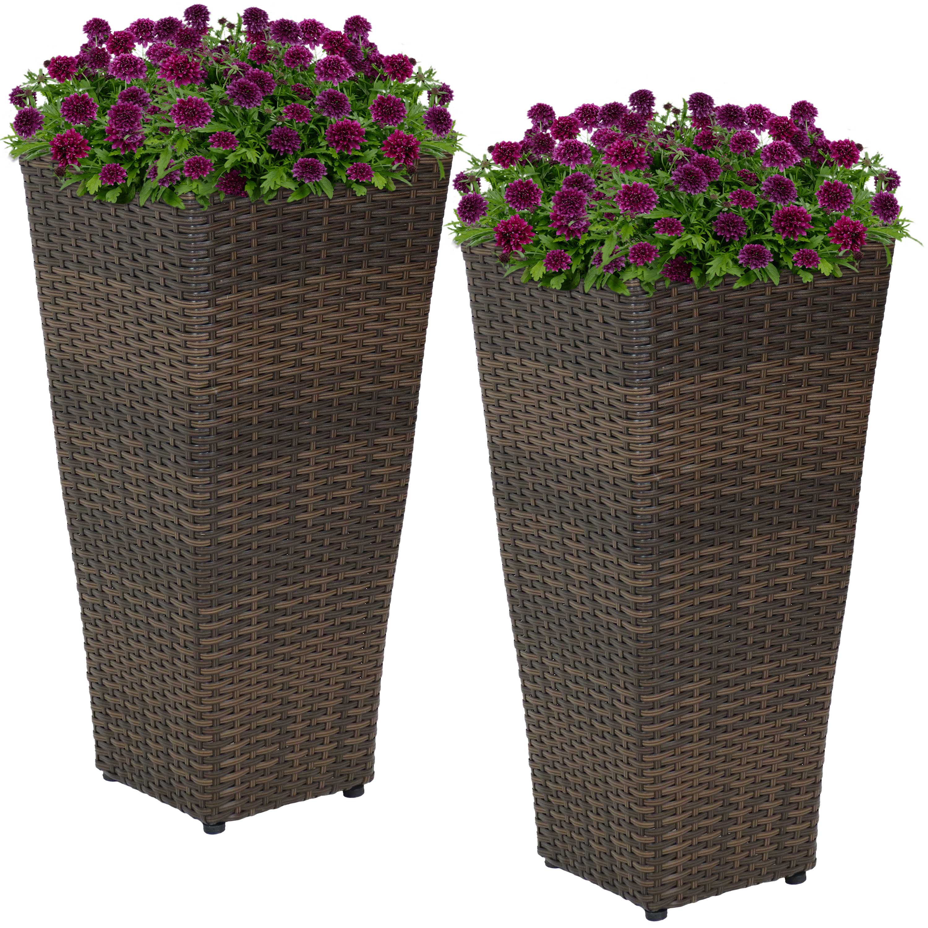 Sunnydaze 2-Piece Set of Brown Square Tall Wicker Planters - Durable Poly Rattan Outdoor Garden Decor for Patio, Balcony & Backyard Landscaping