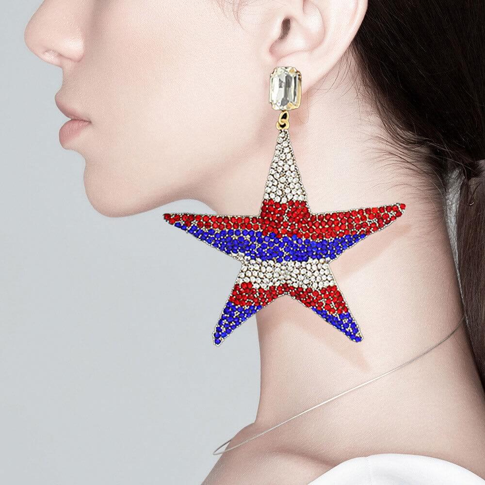 USA Flag Rhinestone Embellished Metal Star Dangle Earrings - Patriotic Fashion Jewelry for Women, 4th of July Accessories, Independence Day Party Outfit