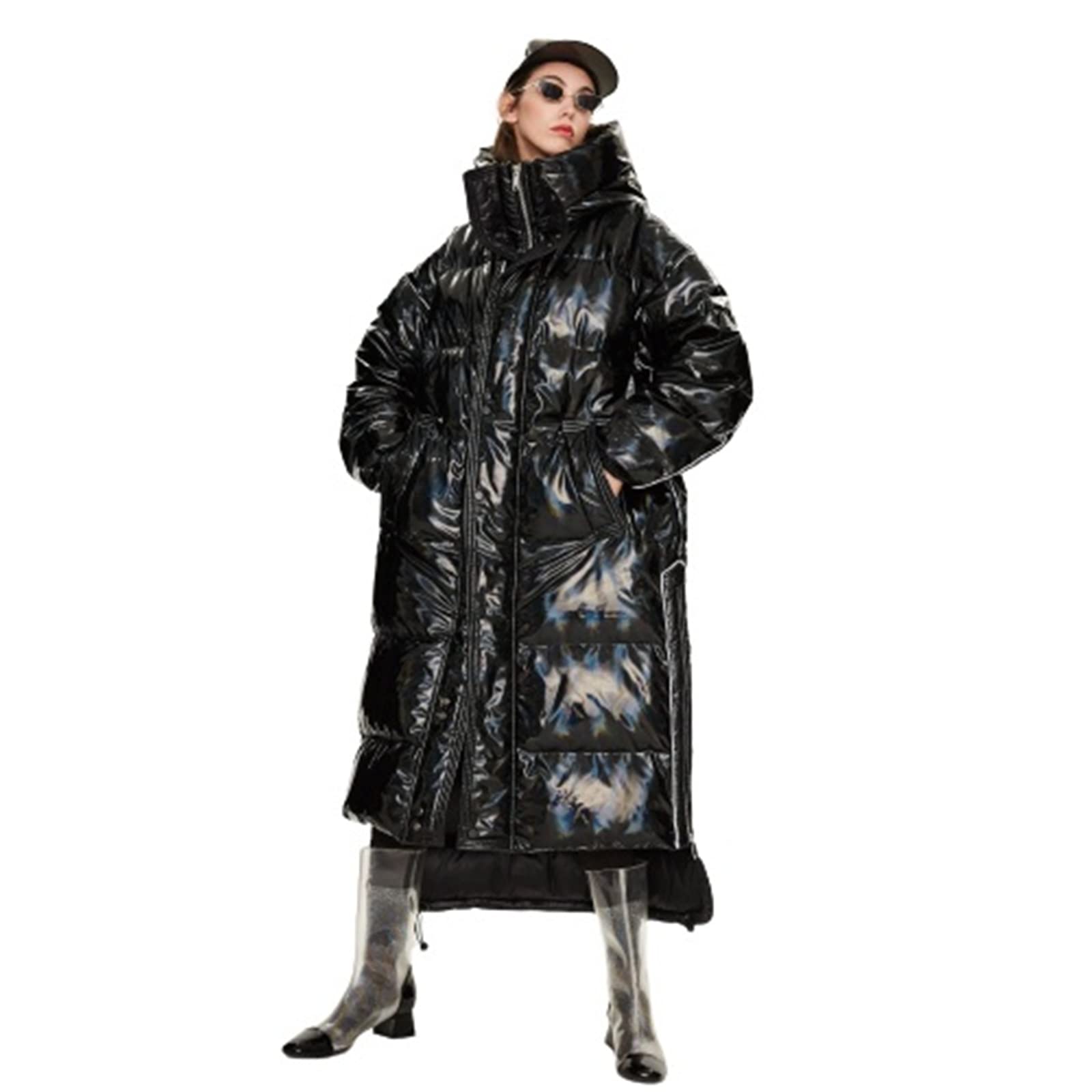 Stylish Women's Metallic Long Down Coat with Hood - Winter Fashion Thickened Maxi Jacket in Radiant Silver - Perfect for Cold Weather, Outdoor Activities & Couple Outfits