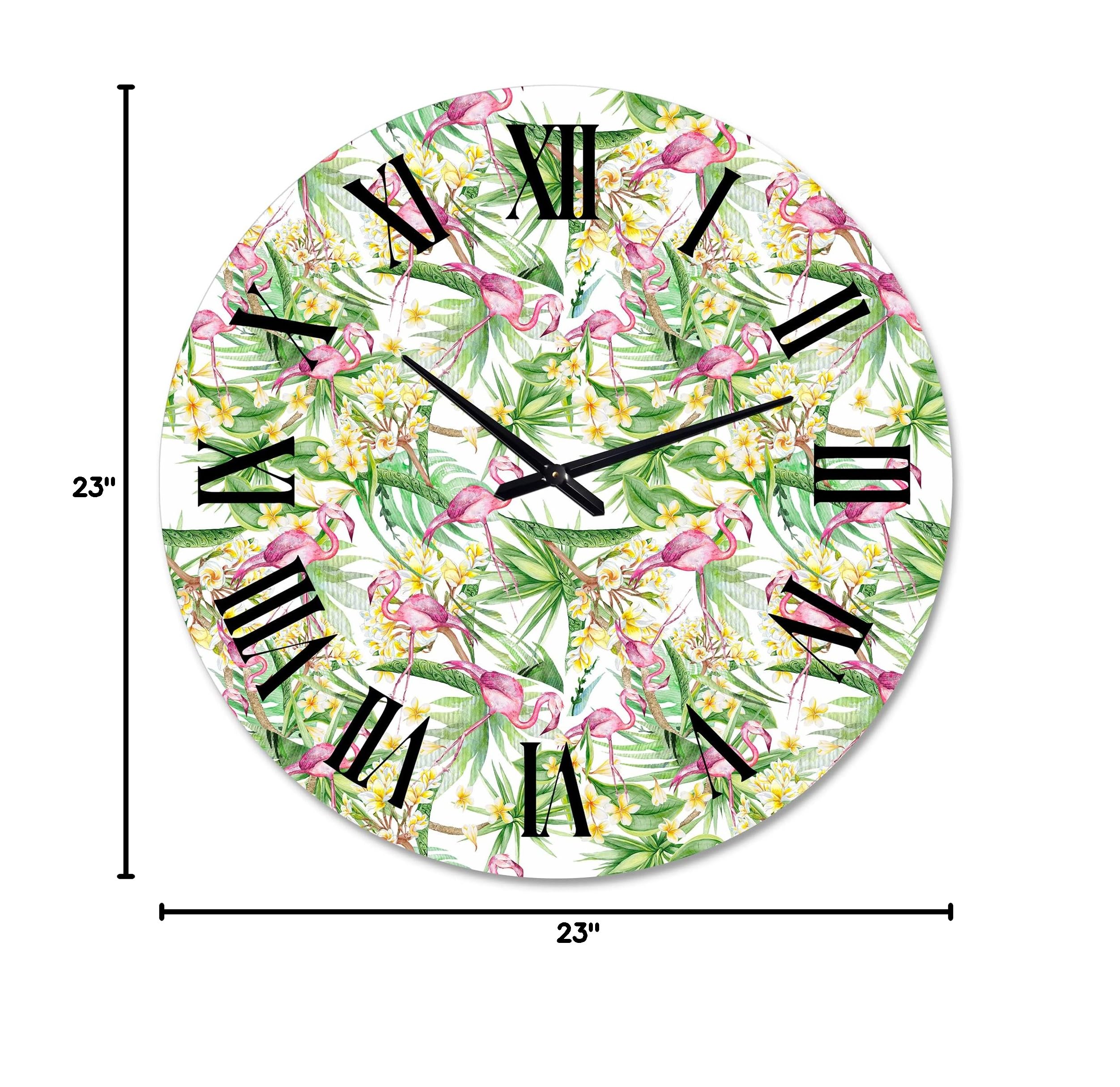 DesignQ Modern Wall Clock 'Tropical Foliage with Yellow Flowers & Flamingo II' - Large Floral Botanical Wall Clock for Home, Office & Living Room Decor | Perfect for Tropical & Boho Style Interiors
