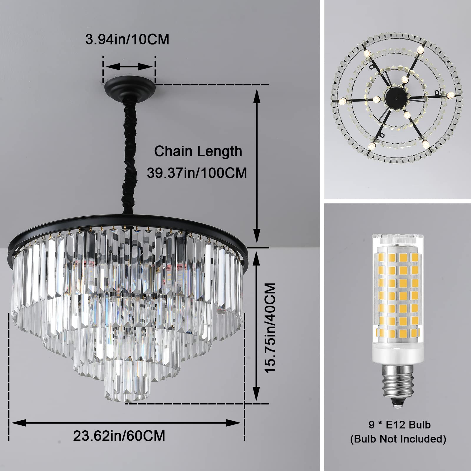 Modern Black Crystal Chandelier - 4-Tier Round Flush Mount Ceiling Light with Adjustable Height, Elegant Pendant Lighting for Dining Room, Living Room, Bedroom, Kitchen, Hotel Lobby | Perfect for Home Decor, Wedding Venues & Luxury Interior Design