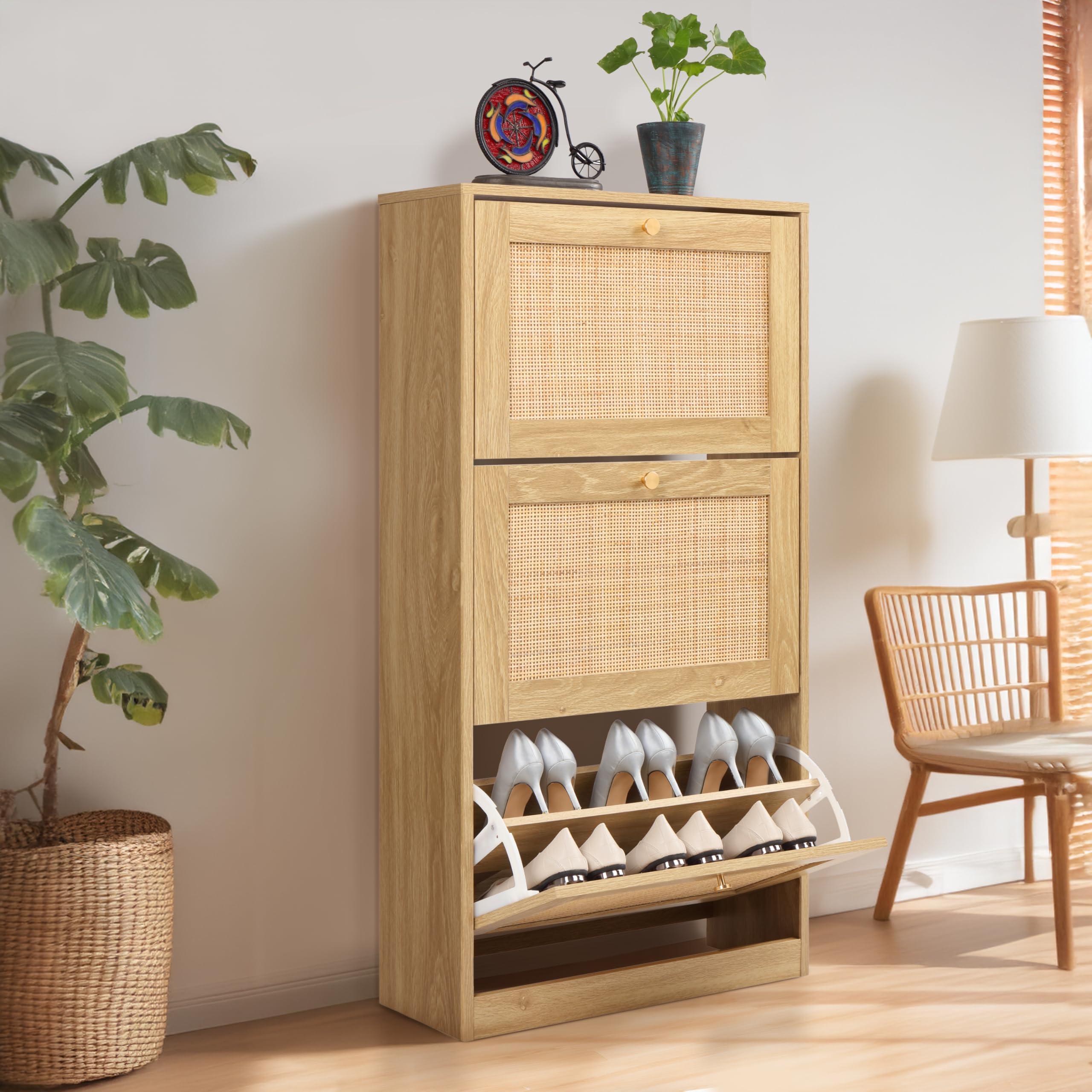 Finnhomy 3-Tier Shoe Cabinet with Natural Rattan Flip Drawers - Free Standing Slim Shoe Storage Organizer for Entryway, Large Top Board & Adjustable Width Drawers - Perfect for Small Spaces, Apartments & Closet Organization
