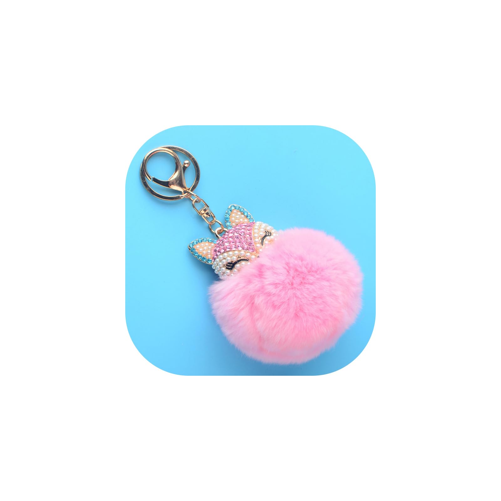 Fox & Rabbit Fur Pom Pom Keychain for Women - Crystal Rhinestone Diamond Car Keychain - Stylish Gift for Purse, Bag, Keys & Everyday Use