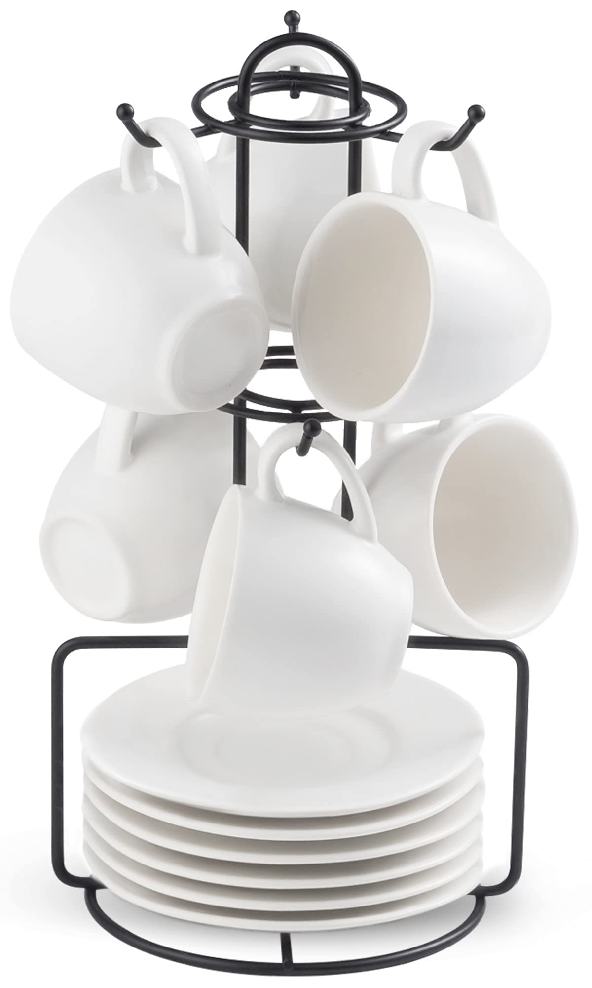 Premium Porcelain Espresso Cups and Saucers Set with Metal Stand - 3oz Demitasse Cups for Espresso, Latte, Cappuccino, Mocha & Tea - 6-Piece White Coffee Cup Set - Perfect for Home Cafes, Coffee Shops & Gifts