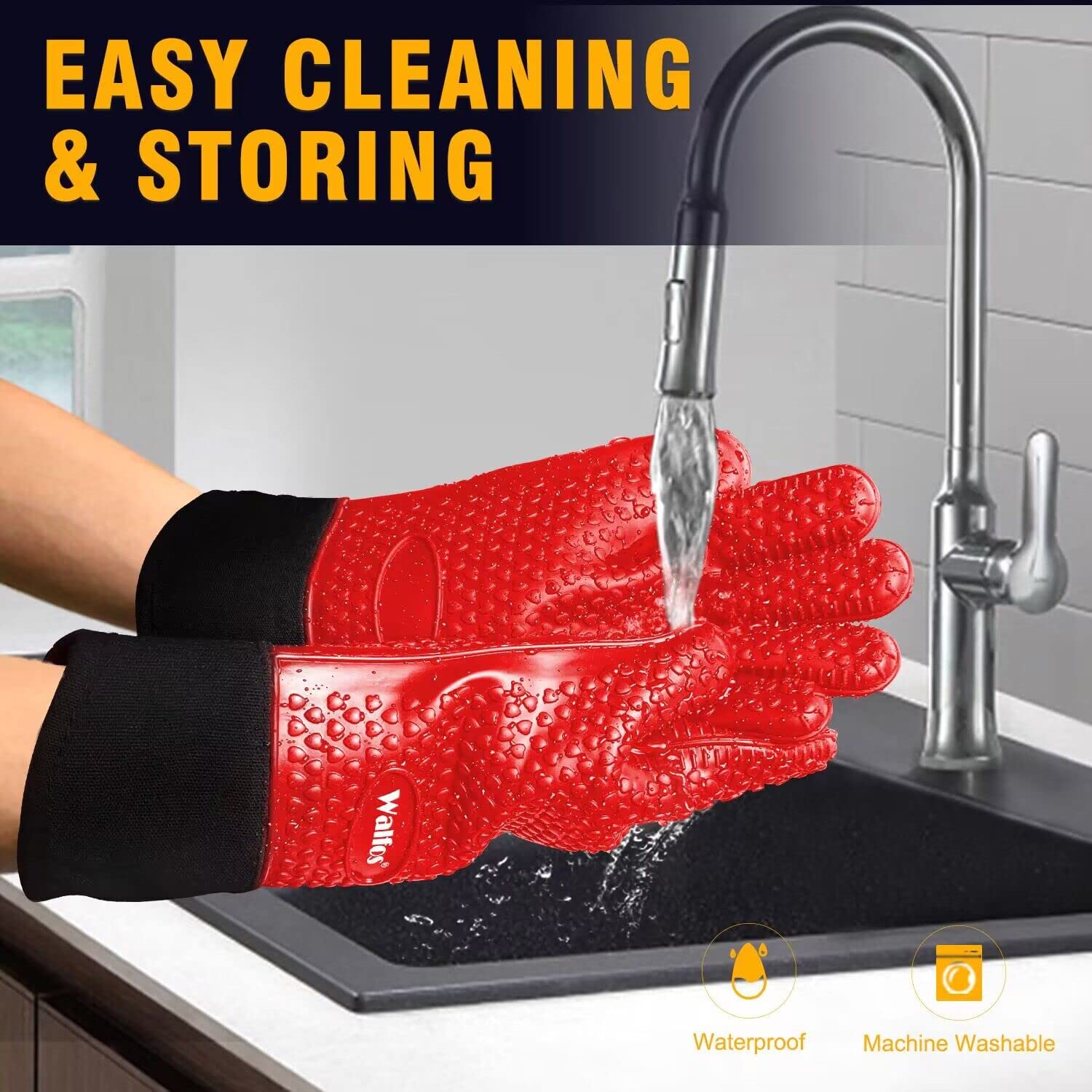 Walfos Heat Resistant BBQ Gloves - Premium Non-Slip Silicone Grilling & Oven Mitts with Cotton Lining, Waterproof Kitchen Gloves for Cooking, Baking, Barbecue & Outdoor Grilling - Perfect for Backyard BBQs, Camping & Home Kitchen Use (Red)