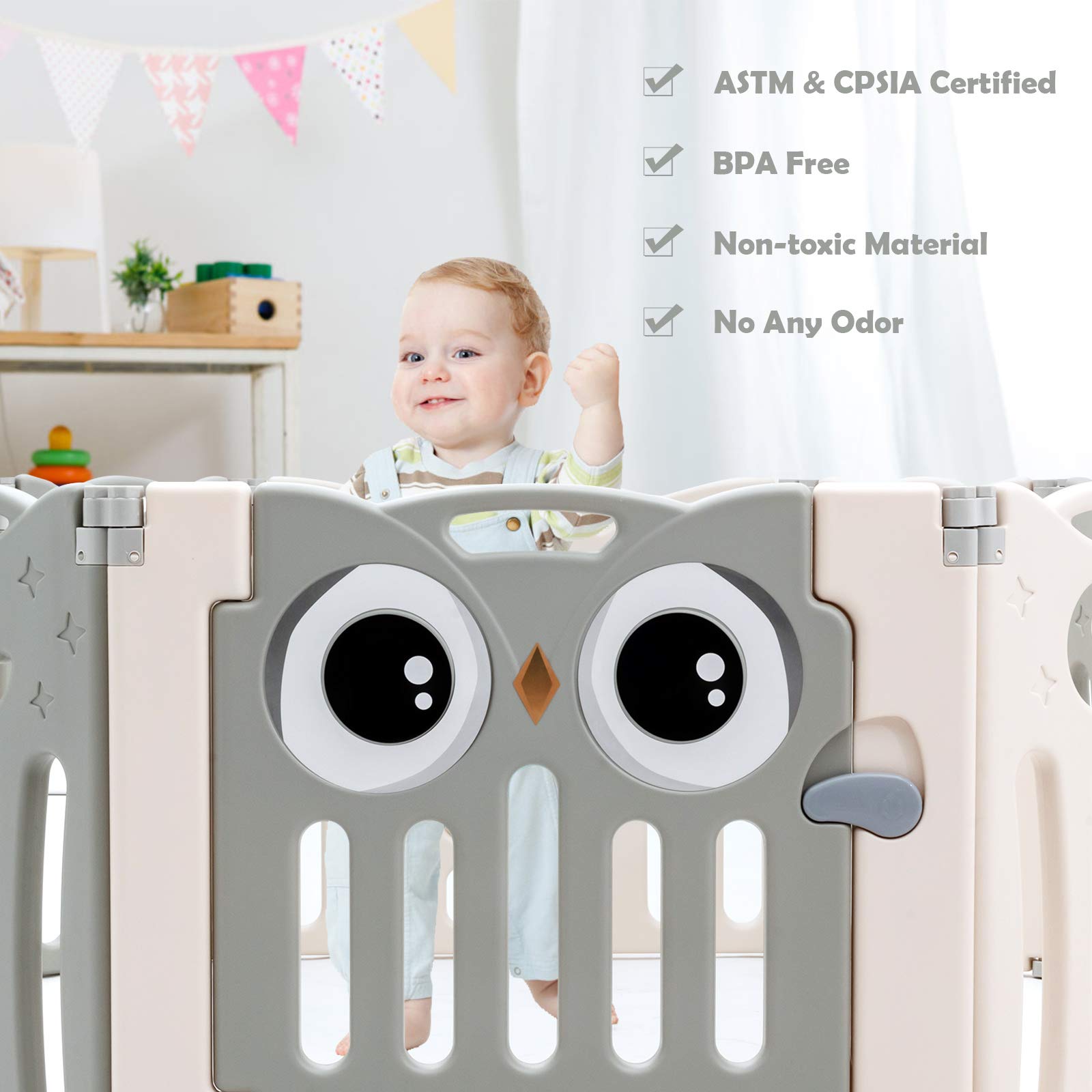 HONEY JOY 16-Panel Baby Playpen with Anti-Slip Base & Lockable Door - Owl Design Play Yard for Toddlers, Indoor Portable Safety Fence for Boys & Girls (Beige) - Perfect for Playrooms, Living Rooms & Daycare Centers
