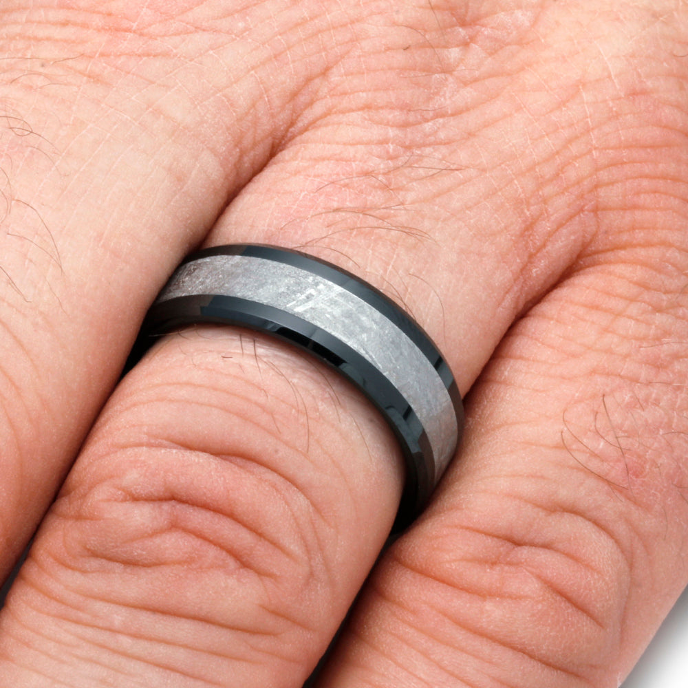 Black Ceramic & Meteorite Wedding Band for Men - Durable & Unique Tungsten Ring for Grooms, Engagements, Anniversaries - Perfect for Outdoor, Travel & Everyday Wear