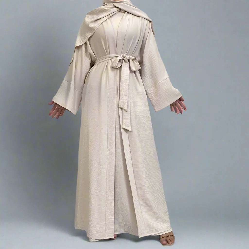 2-Piece Wrinkle-Free Abaya Dress Set - Open Abaya & Sleeveless Inner Dress for Muslim Women | Perfect for Prayer, Eid, and Special Occasions