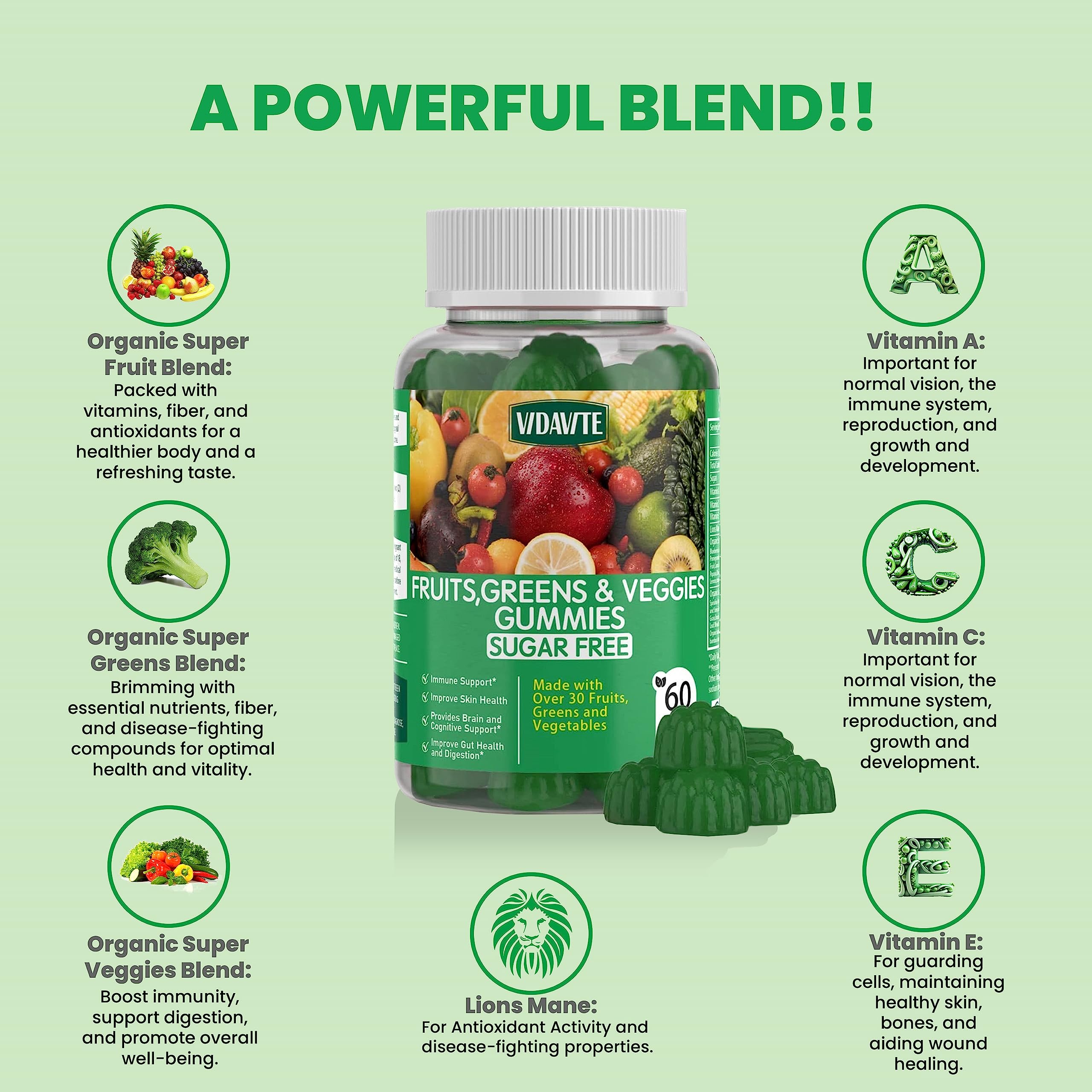 Sugar-Free Fruit and Veggie Gummies with 35+ Greens, Vitamins for Immunity, Skin & Gut Health — Best Fruit & Vegetable Supplement for Adults & Kids (60 Gummies) — Perfect for Daily Nutrition, Travel & On-the-Go Wellness