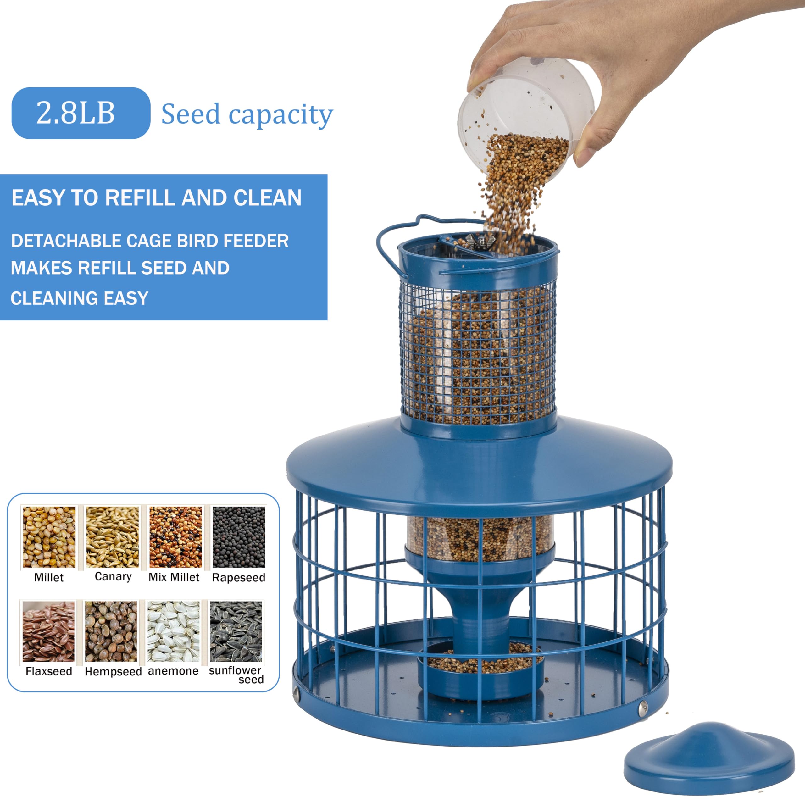 Squirrel Proof Metal Bird Feeder - 2.8Lb Capacity Outdoor Hanging Cage Tube Feeder with Detachable Tray, Easy to Clean & Starling Resistant (Blue) - Perfect for Backyards, Gardens & Bird Watching Enthusiasts