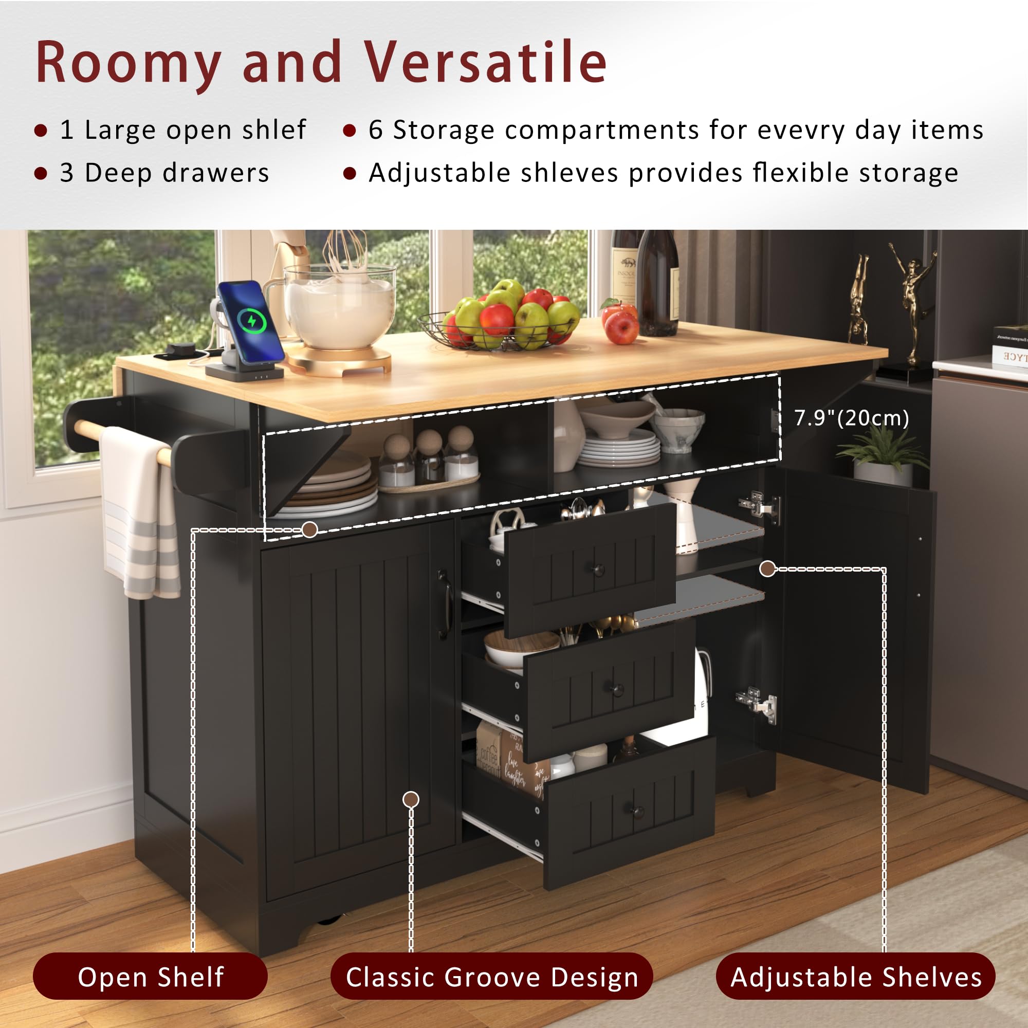 Modern Large Kitchen Island with 2 Drop Leaf, 5-Wheel Rolling Cart with Power Outlet, Folding Storage Dining Table for Kitchen & Dining Room - Black (Space-Saving Design for Small Kitchens, Perfect for Entertaining & Meal Prep)