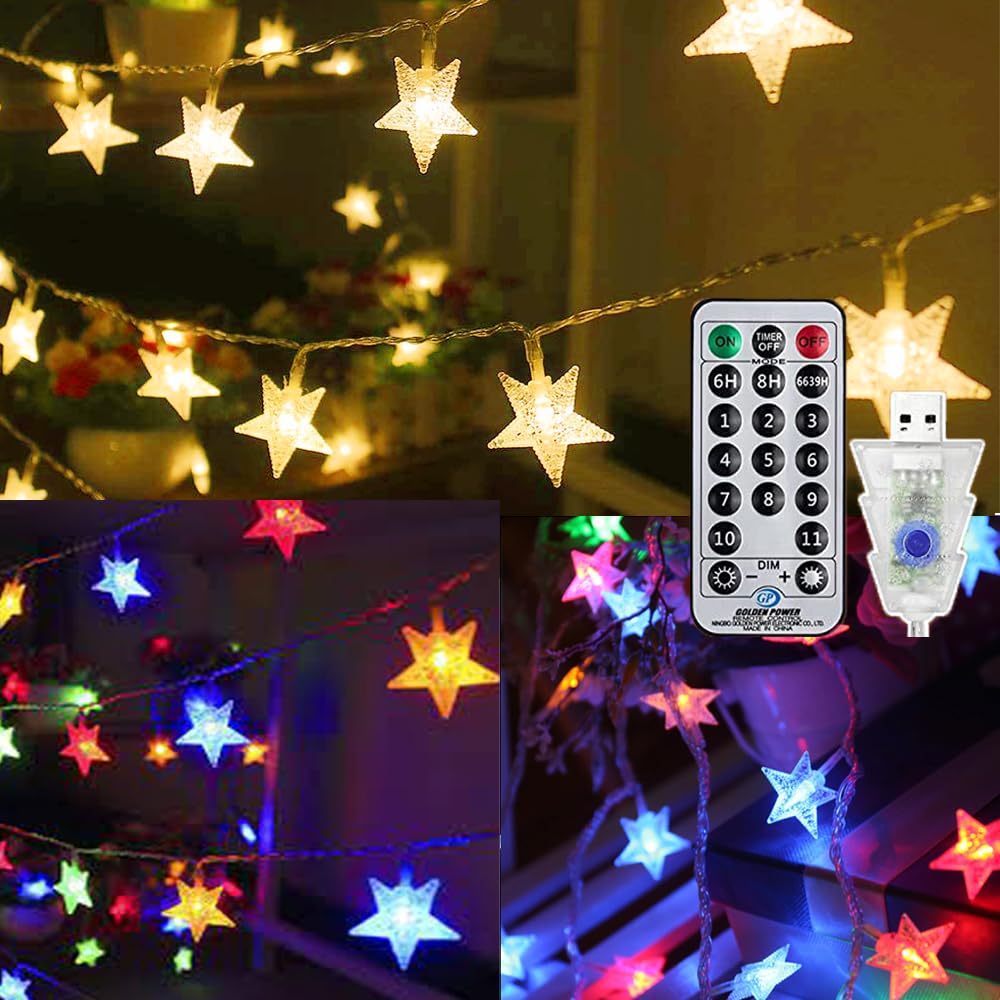 Solhice 40ft LED Star String Lights - 120 Warm White & Multicolor Changing Fairy Lights with Remote Control | USB Powered Bedroom Decor for Kids Room, Dorm, Tent, Wedding & Party Decoration | Perfect for Indoor Cozy Ambiance and Holiday Lighting