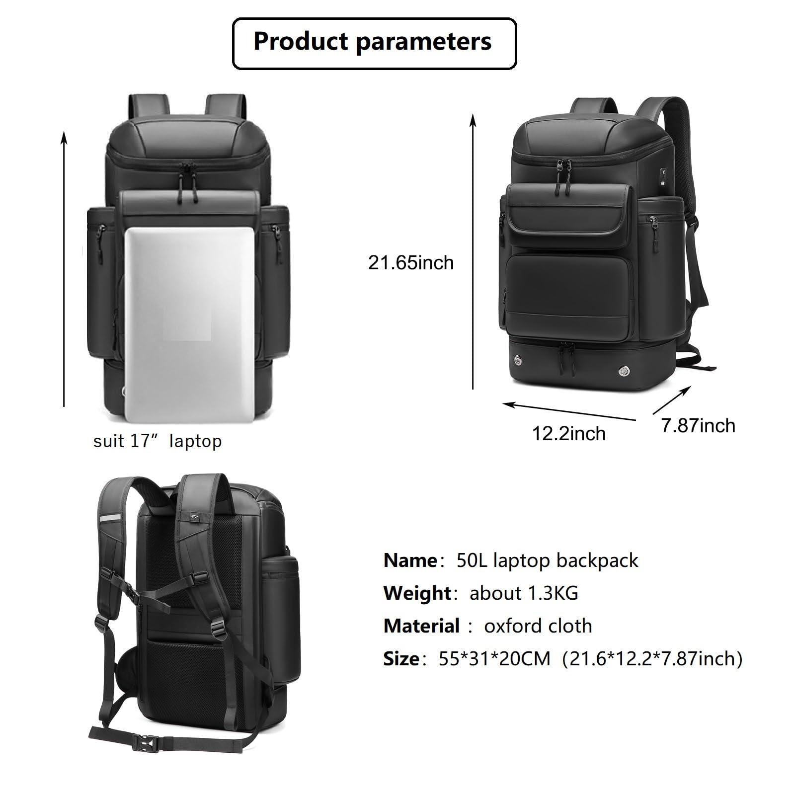 **50L Travel Backpack for Men - Waterproof Carry-On Backpack with Shoe Compartment & 17