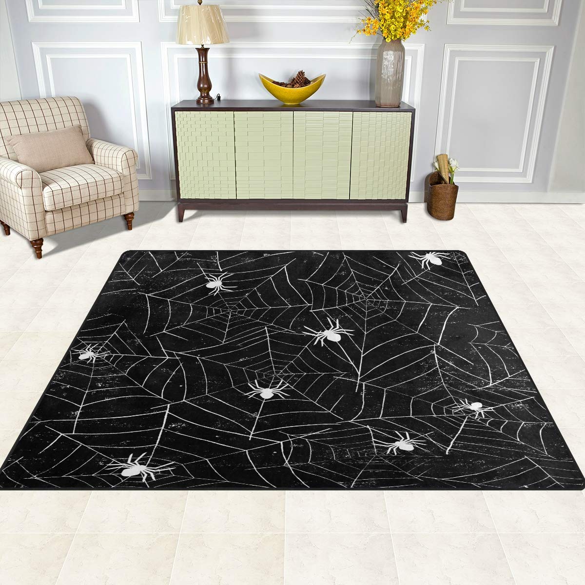 ALAZA Halloween Black & White Grunge Spiderweb Large Floor Mat - 5' x 7' Non-Slip Rug for Home Decor, Kids Playroom, Bedroom & Yoga | Perfect for Halloween Party Decor, Door Mat & Play Area