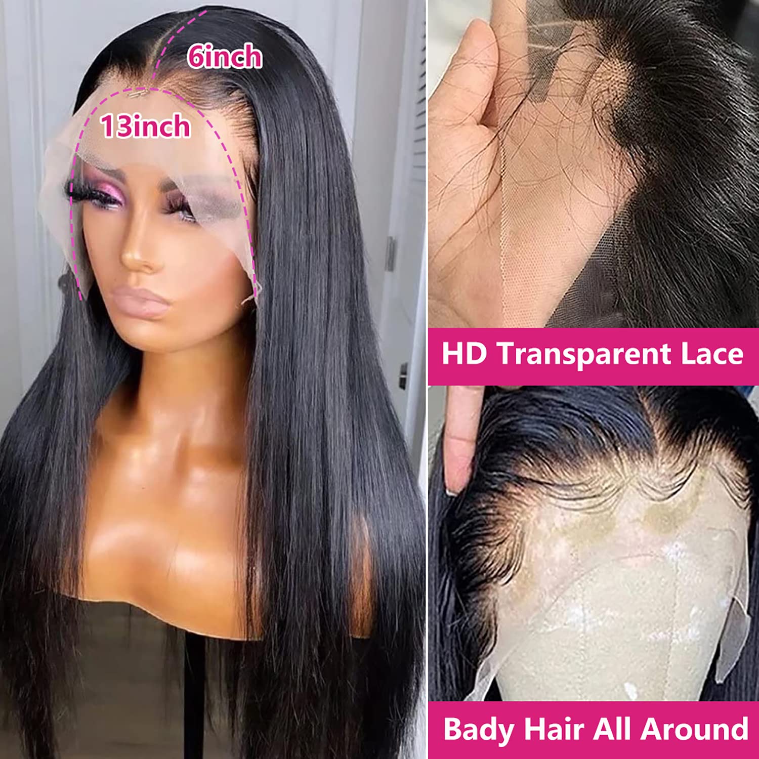 13x6 Lace Front Human Hair Wigs - 180 Density Straight HD Transparent Lace Wig for Women | Pre-Plucked with Baby Hair | Natural Black Color (26 Inch) | Perfect for Daily Wear, Cosplay, and Special Occasions