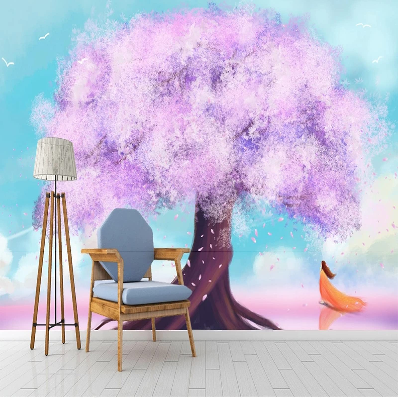 Tree Girl Art Print Wall Mural - Pink Leaves, Birds & Clouds Sky Background Wallpaper | Eco-Friendly Home Decor for Shelves, Workshops & Cabinets | 98.4x68.9 inches (WxH) | Perfect for Nursery, Living Room & Office Wall Decoration