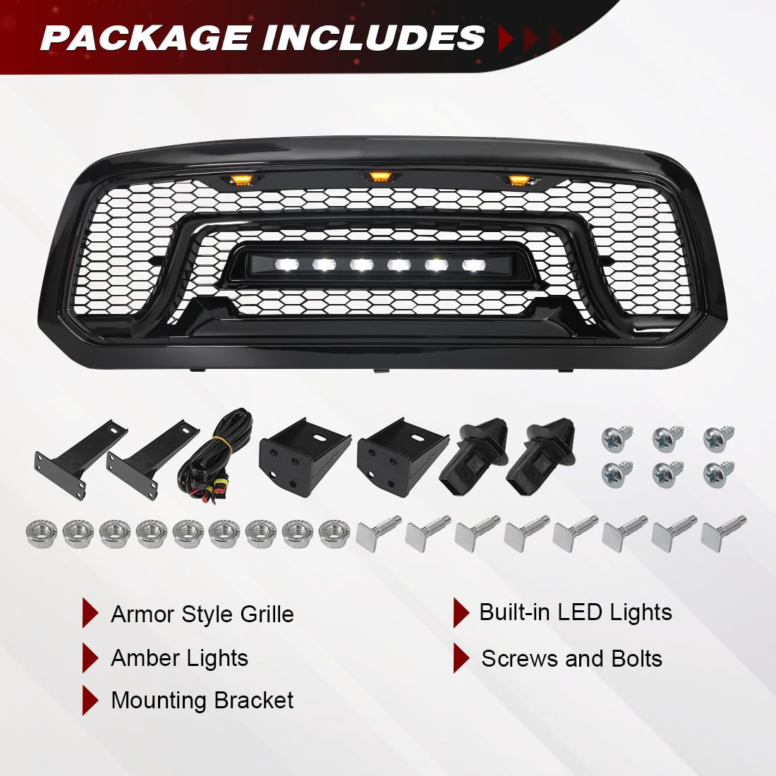 Glossy Black Front Bumper Grill Compatible with 2013-2023 Dodge Ram 1500 & Ram 1500 Classic | Off-Road Ready LED Light Bar | Perfect for Truck Upgrades & Off-Road Adventures