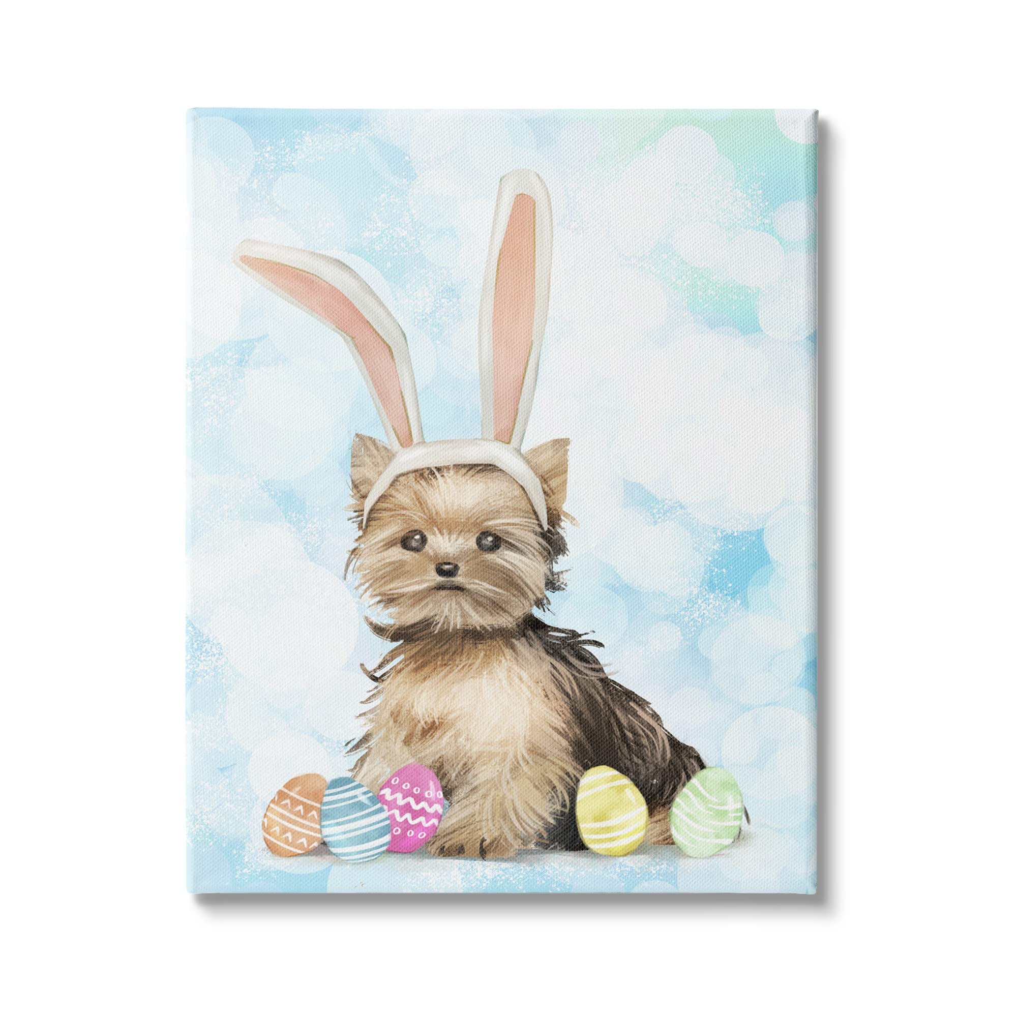 Stupell Industries Easter Yorkie Puppy with Bunny Ears & Patterned Eggs Canvas Wall Art - 24x30 Inch Blue Home Decor for Living Room, Bedroom, Nursery