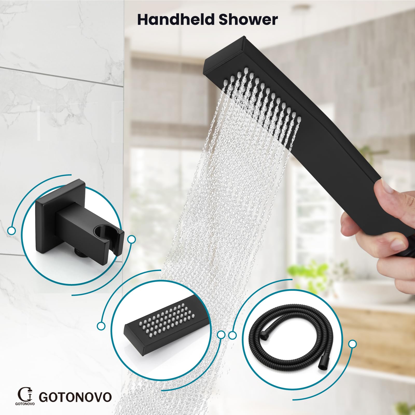 Gotonovo 3-Function Wall Mounted Shower Faucet Combo Set - 8 Inch Matte Black Rainfall Shower Head with Handheld Spray, Tub Spout & Rough-in Valve Trim Kit for Bathroom Renovation & Spa-Like Experience