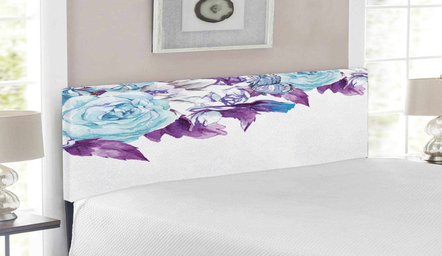 Ambesonne Floral Upholstered Headboard - Vintage Classic Flower Petals Design, Queen Size Bed Frame with Memory Foam in Pale Blue Purple | Perfect for Bridal Wedding, Romantic Bedroom Decor & Shabby Chic Style