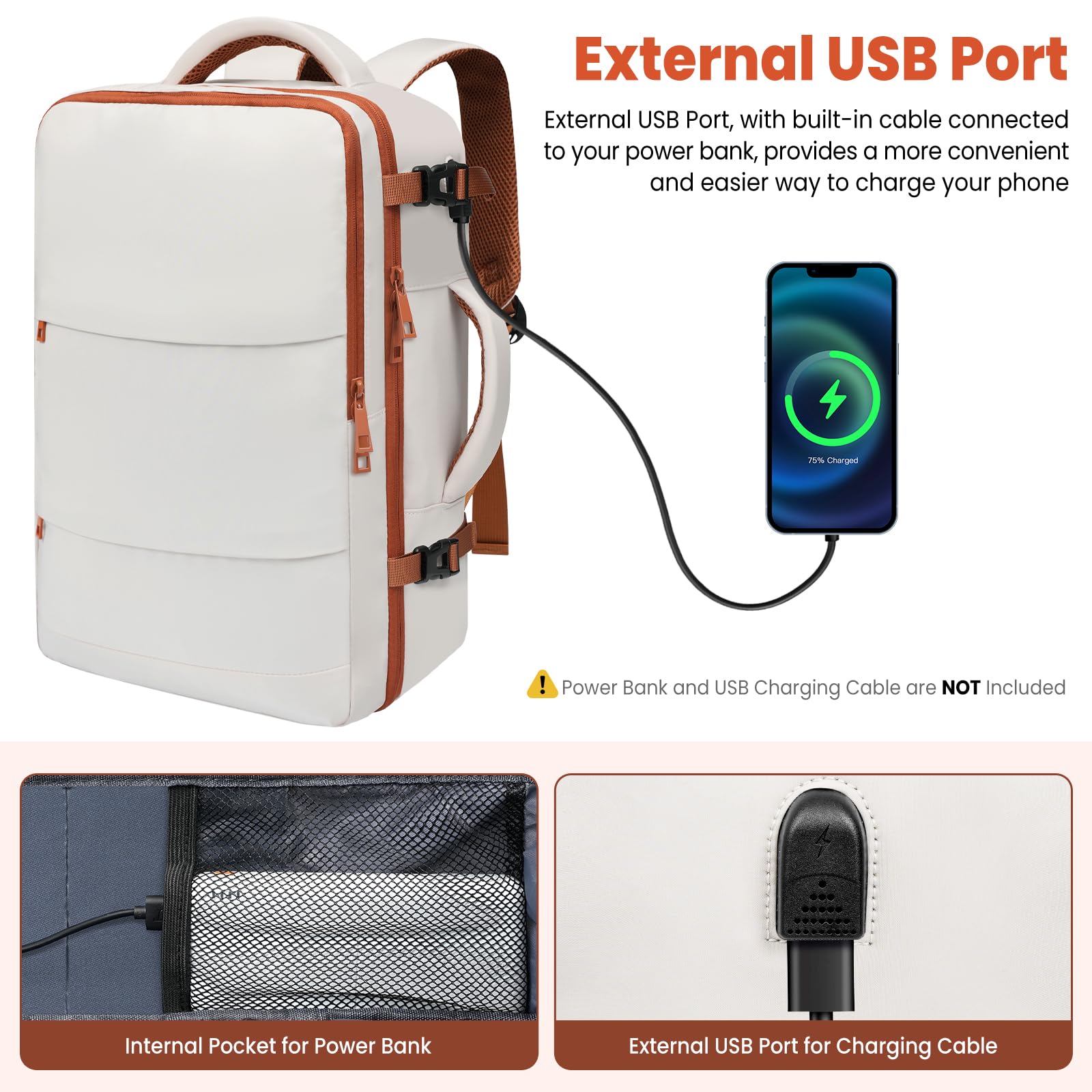 BAGAIL Travel Laptop Backpack with USB Charging Port - Waterproof Carry-On Backpack for Business, College & Airplane Travel - Perfect for Commuting, Work & Weekend Getaways (Beige)