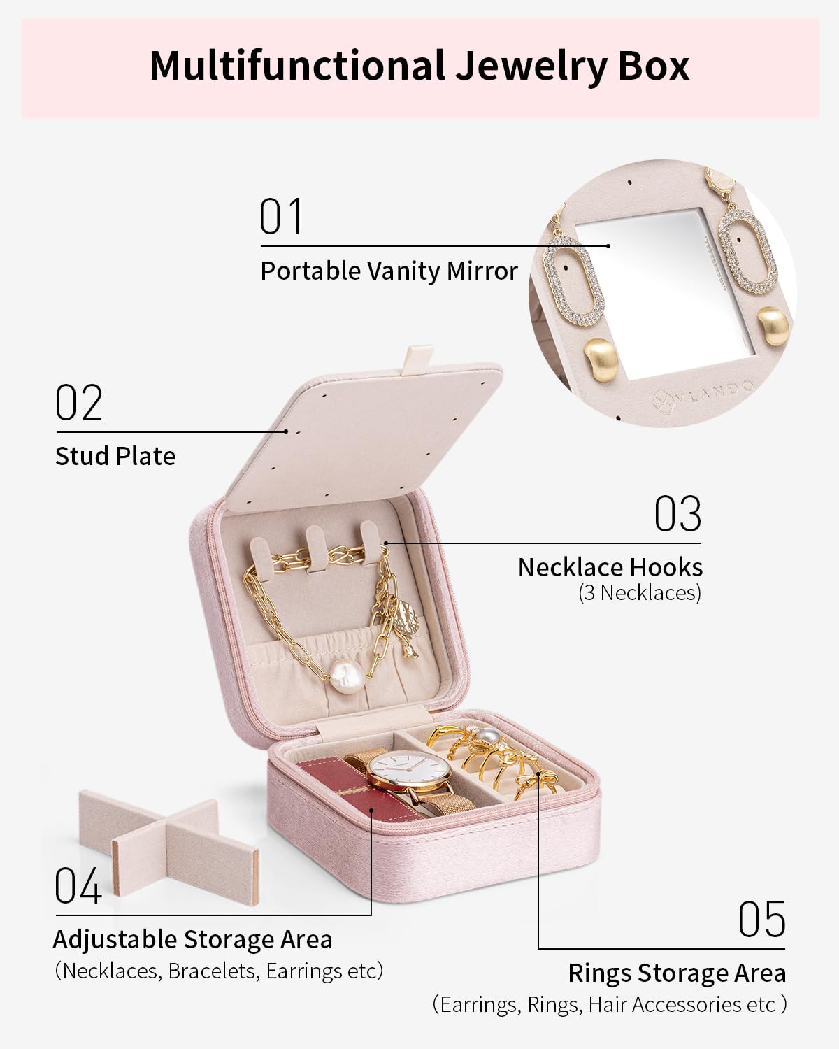 Vlando Personalized Initial Jewelry Travel Case - Small Pink Jewelry Box for Women, Girls, Mom & Grandma | Perfect Mother's Day Gift, Birthday Present | Compact Jewelry Organizer for Travel, Vacation & Daily Use