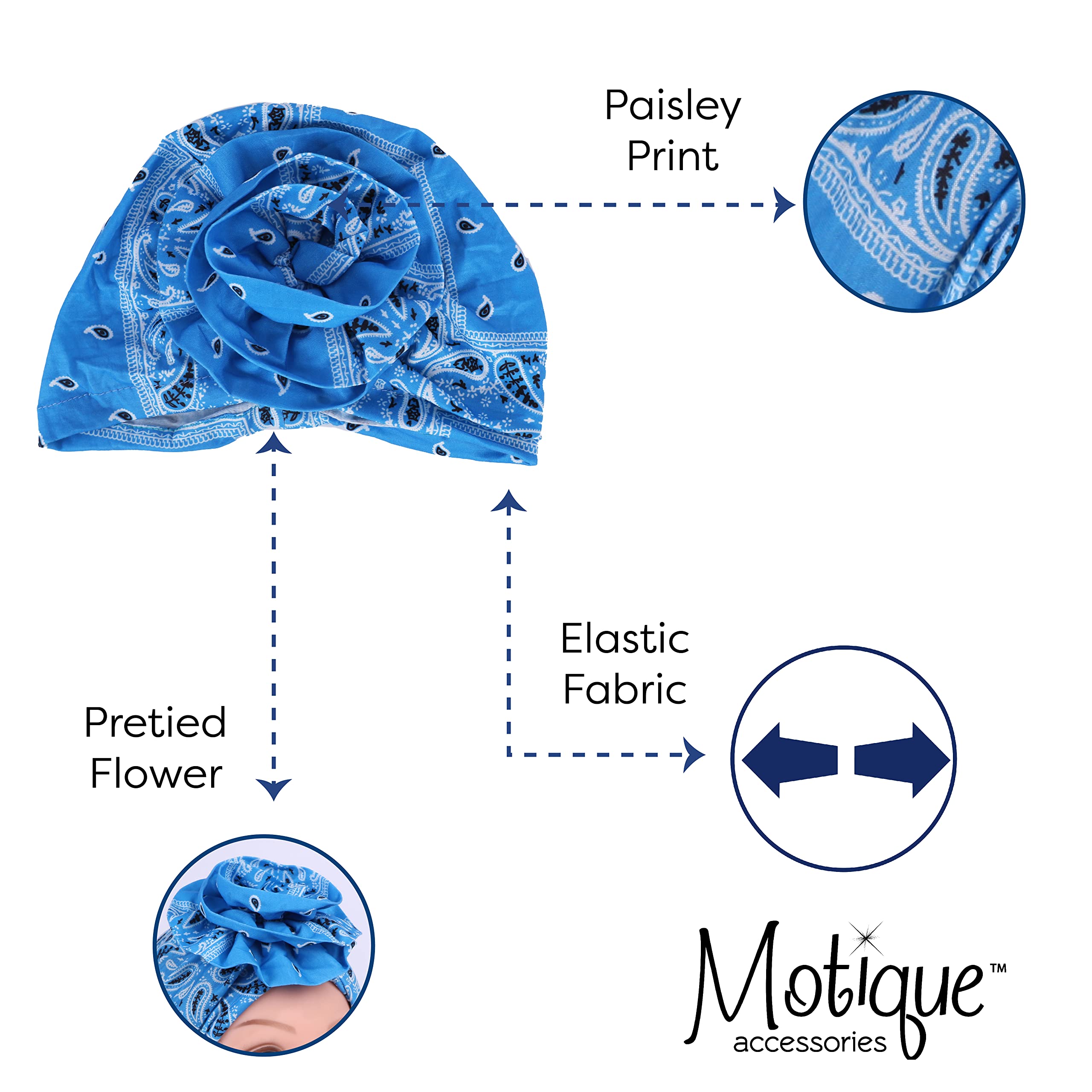 Motique Women's Paisley Print Pretied Turban Headwrap with Flower Knot - Stylish Hair Accessory for Everyday Wear, Weddings & Special Occasions